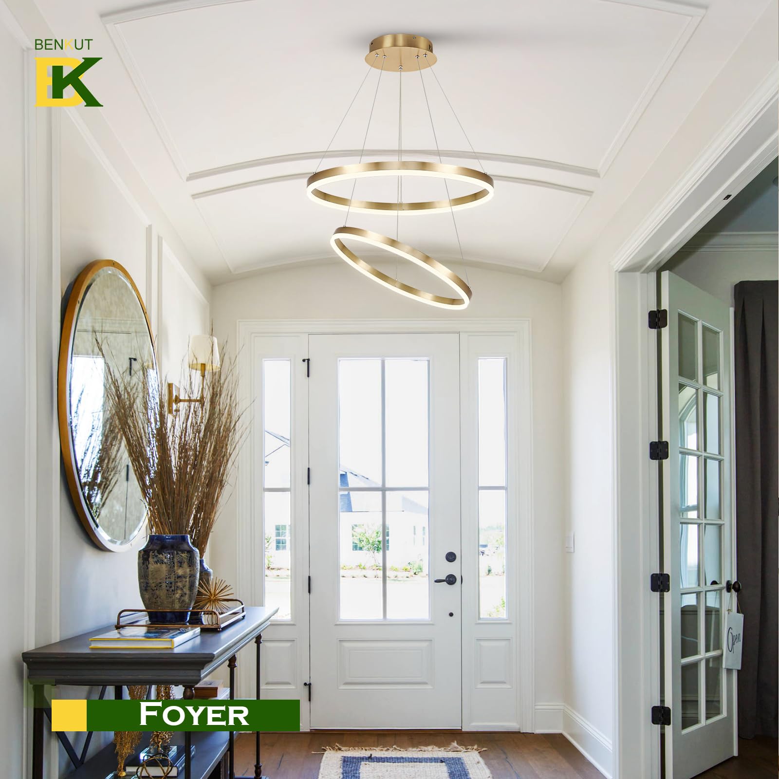 Benkut 2-Rings Modern Led Chandelier Gold For Dining Room, Circular Flush Mount Ceiling Chandelier Light Dimmable Pendant Light With Remote Control For Living Room Entrance Foyer, 3000K-6500K
