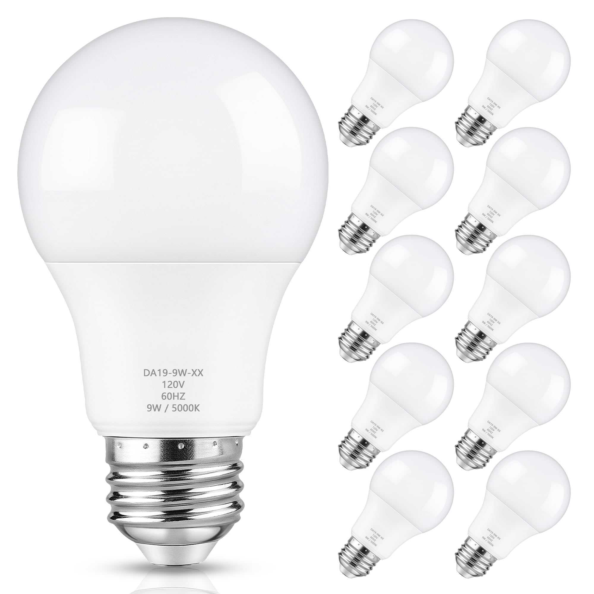Maylaywood A19 LED Light Bulb 60W Equivalent 5000K Daylight White Dimmable 9W E26 Base 10-Pack