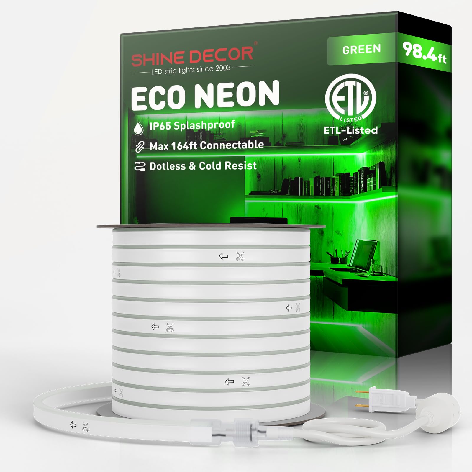 Shine Decor LED Rope Lights, 120V, 120 LEDs/M, IP65 Waterproof, 98.4ft, Green, Connectable & Cuttable, PVC Material