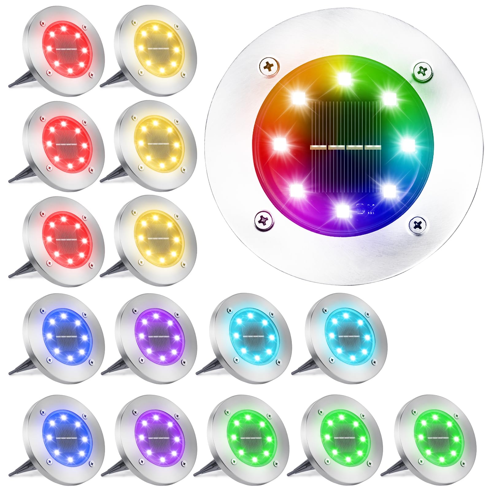 LYHOPE Solar Ground Lights Outdoor, 16 Pack 8 LED Color Changing Solar Disk Lights Waterproof Garden In-ground Pathway Lights La