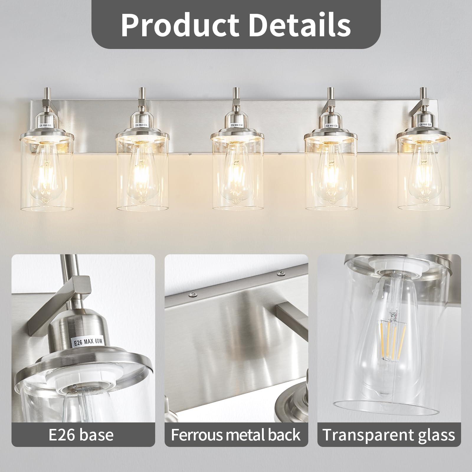 Lanhall 5-Light Brushed Nickel Bathroom Light Fixture Over Mirror Modern Bathroom Vanity Light Vintage Wall Lighting With Clear