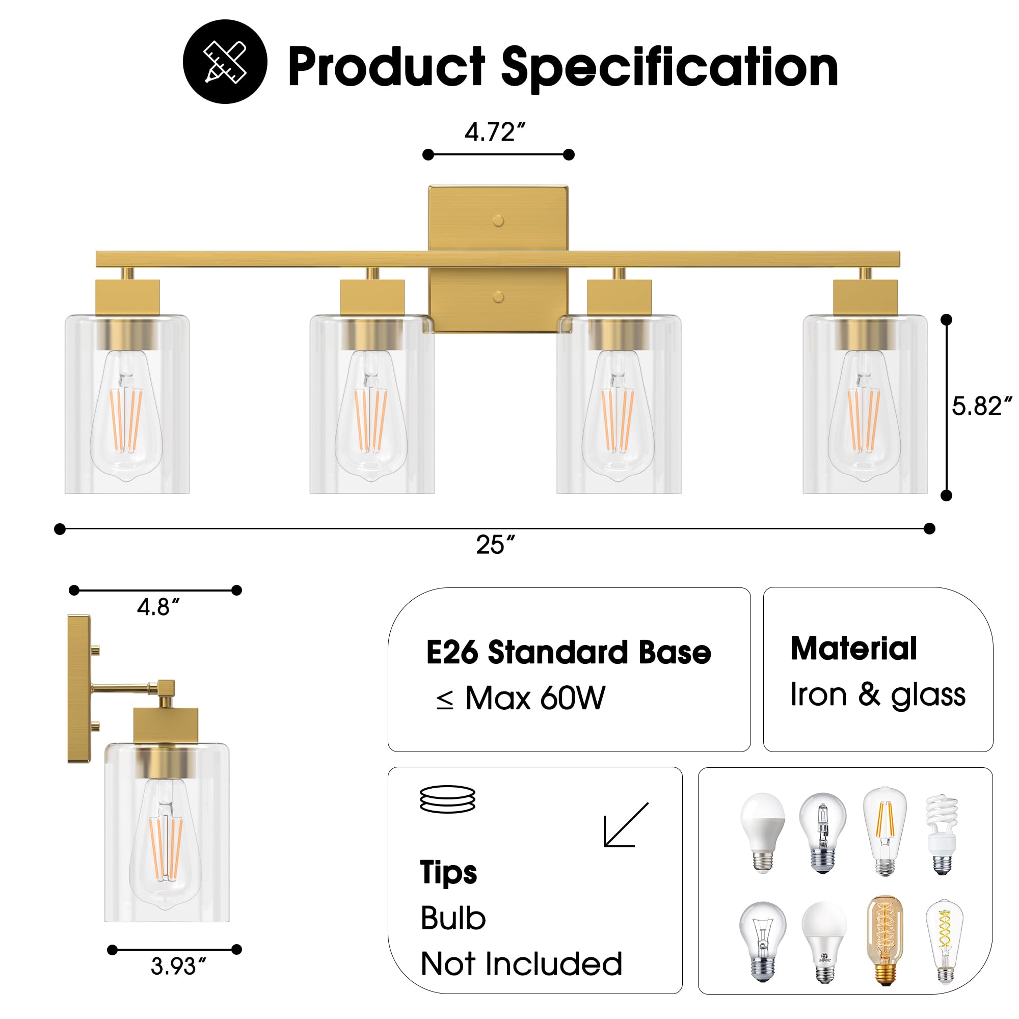 Espird 4 Light Bathroom Vanity Light - Brass Gold Light Fixture Bathroom Square Design & Ul Certification, Square Vintage Bathro