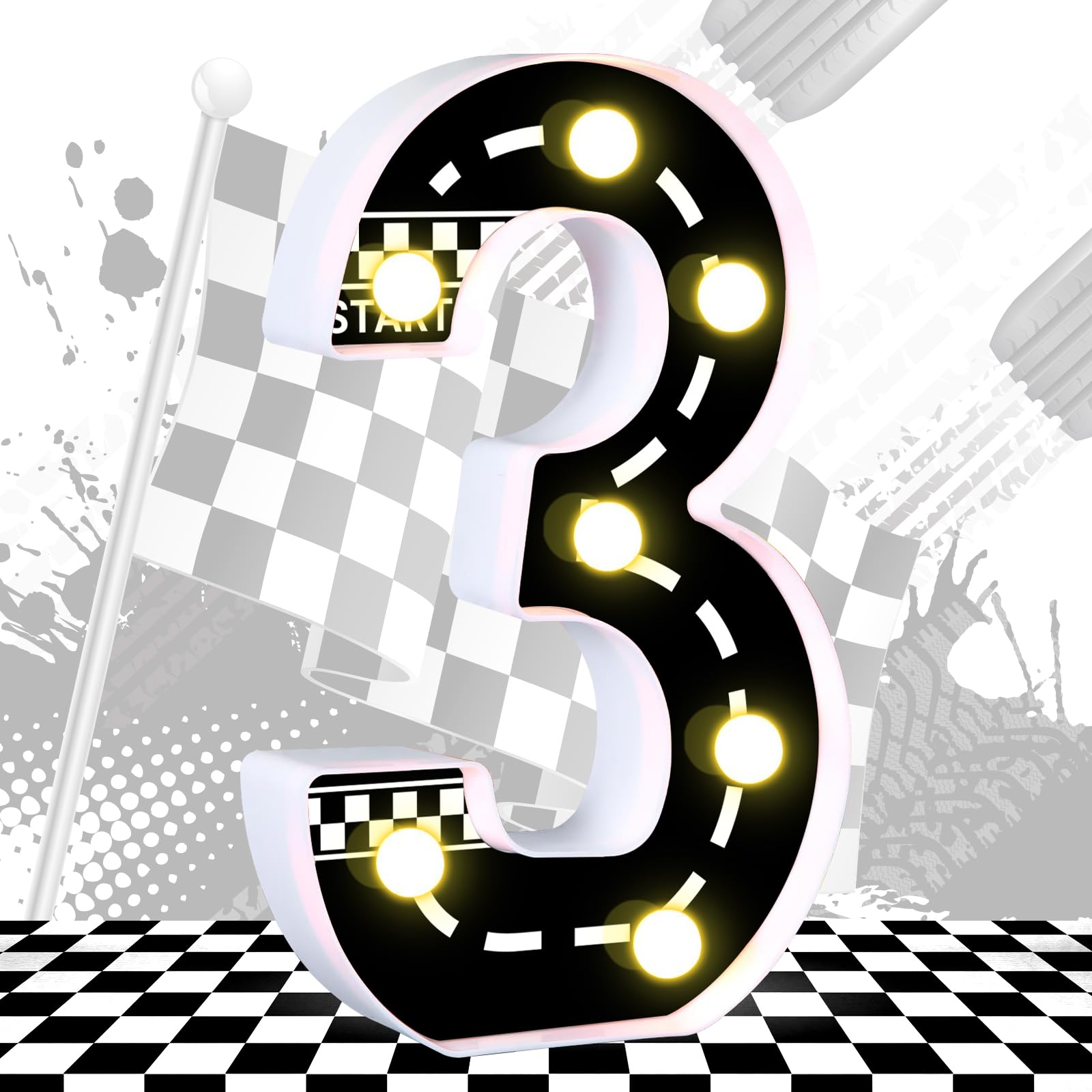 AXBMM Racing Car Light Up Sign - Checkered Birthday Decorations, Number 3, PP Plastic, White/Black, Model XY-300