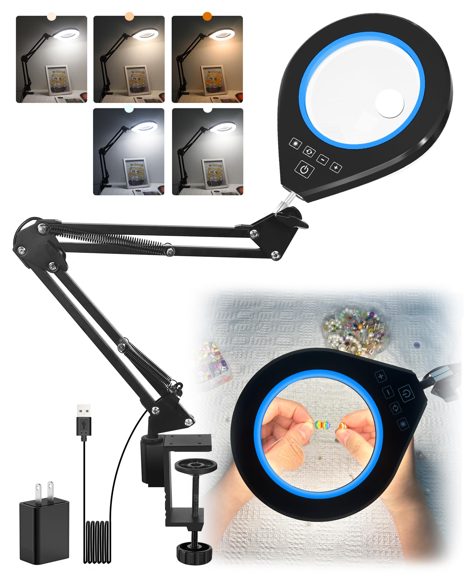 NAKOOS Magnifying Glass Lamp with Light, 10X & 5X, Stepless Dimmable, Adjustable Brightness, Blue, Model SERIES-WM