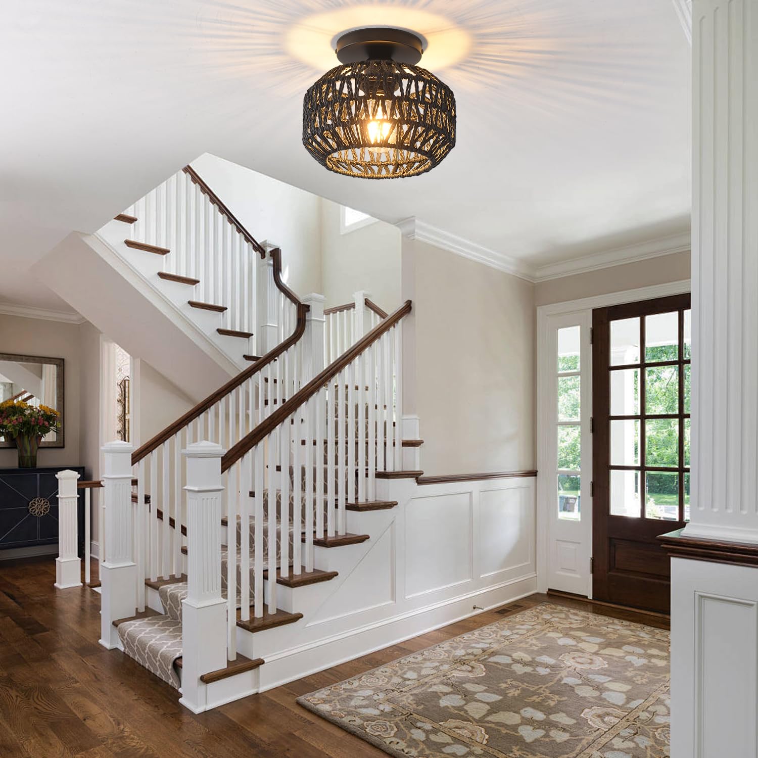 Ihengyanlt 2 Pack Farmhouse Light Fixtures Ceiling Mount,Mini Rattan Boho Semi Flush Mount Ceiling Light,Hand Woven Hallway Ligh