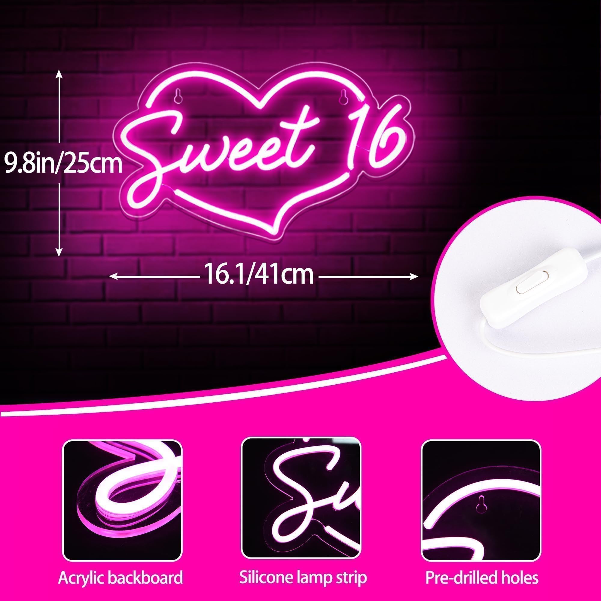 attneon Sweet 16 Neon Sign, LED Wall Decor, Acrylic, 16.1*9.8 Inch, Pink, Model JTLD700