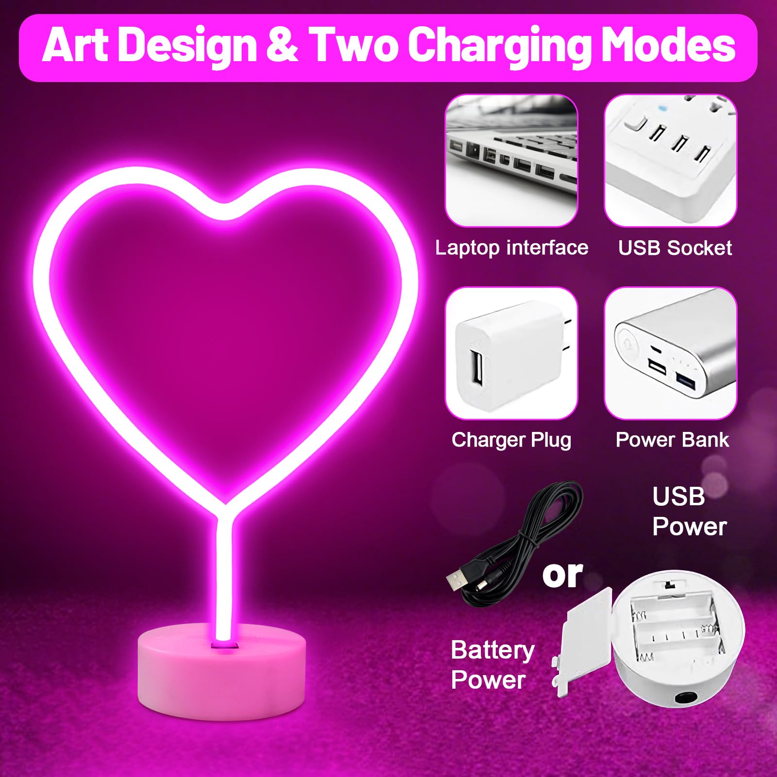 Brightdeck 2 Pack Heart Neon Signs  Led Lights Battery Operated Or Usb Powered Decoration Lamp  Neon Lights Decor For ValentineS Day Gifts  Wedding  Party  Pink Room Decor (Pink Heart)