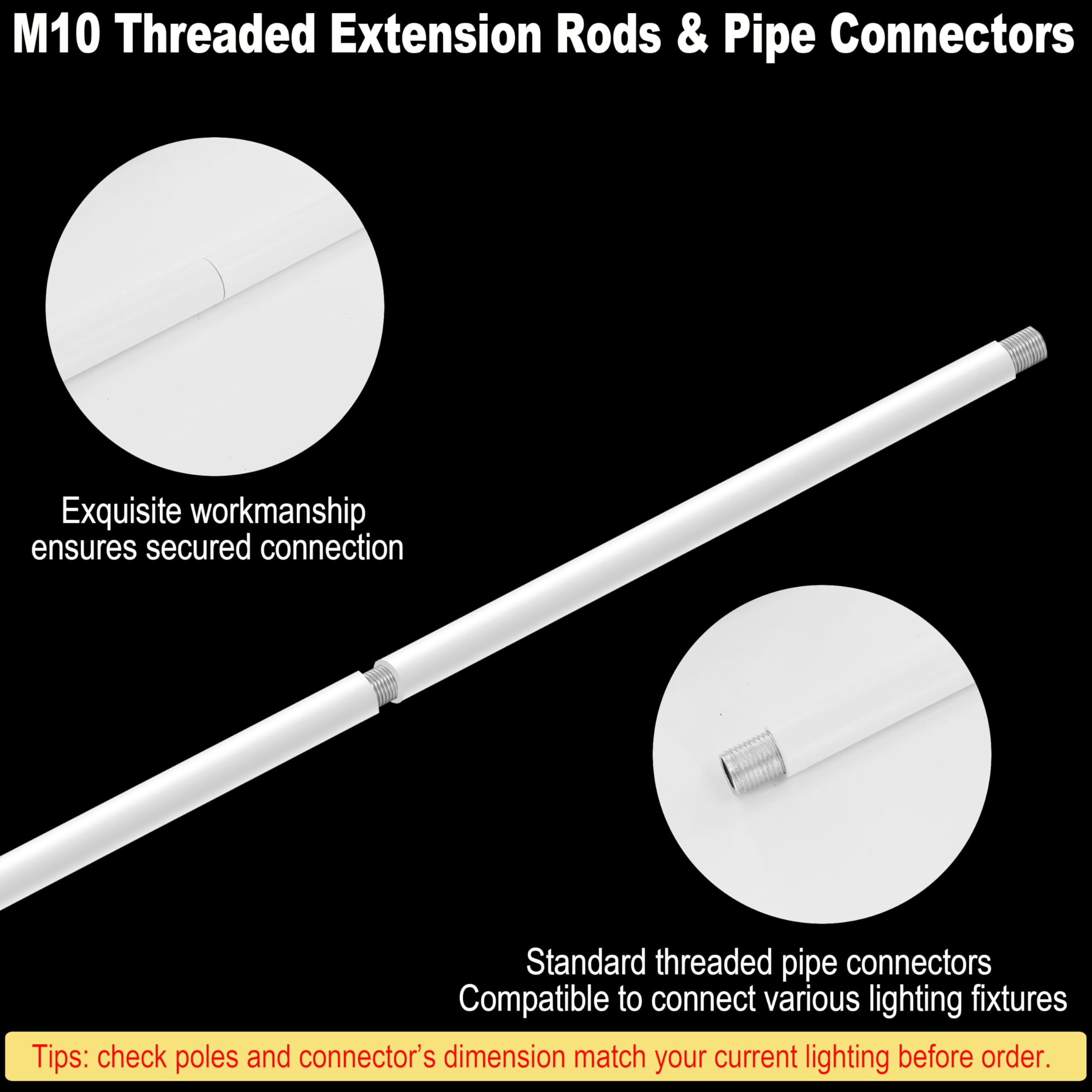 M10 Threaded Extension Poles Lighting Fixture Downrods Stems & 180 Degrees Sloped Ceiling Adapter Kits For Pendant Light  Island Lighting  Chandeliers (White)