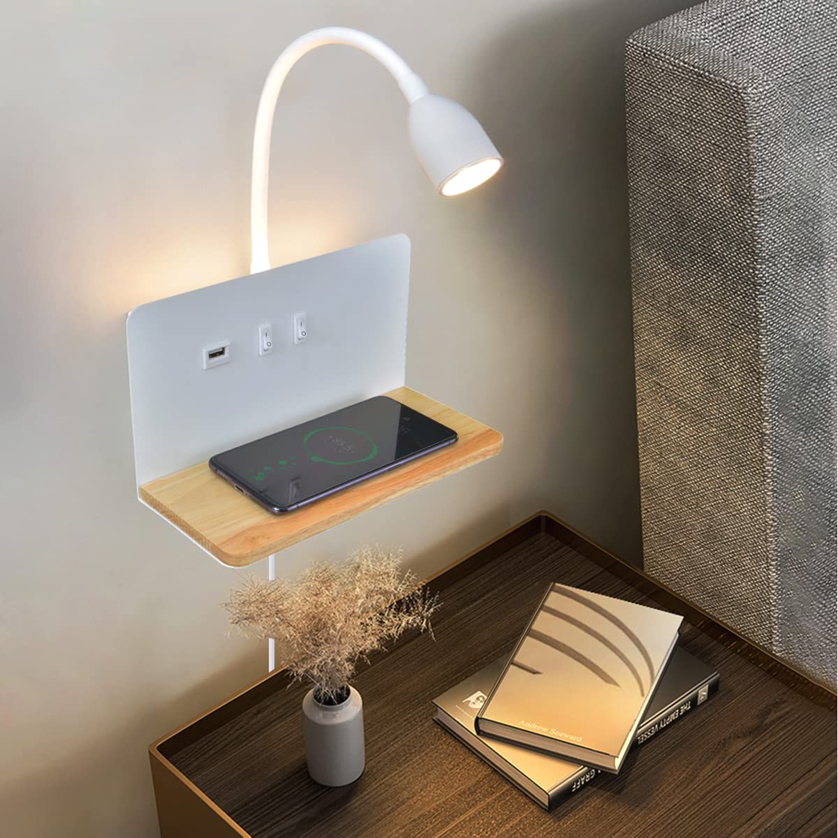 White Led Reading Wall Lights With Wireless Charging, Usb Charging Port, 3-Way Dimmable Wall Sconce Bedroom, Hardwire Or Plug-In