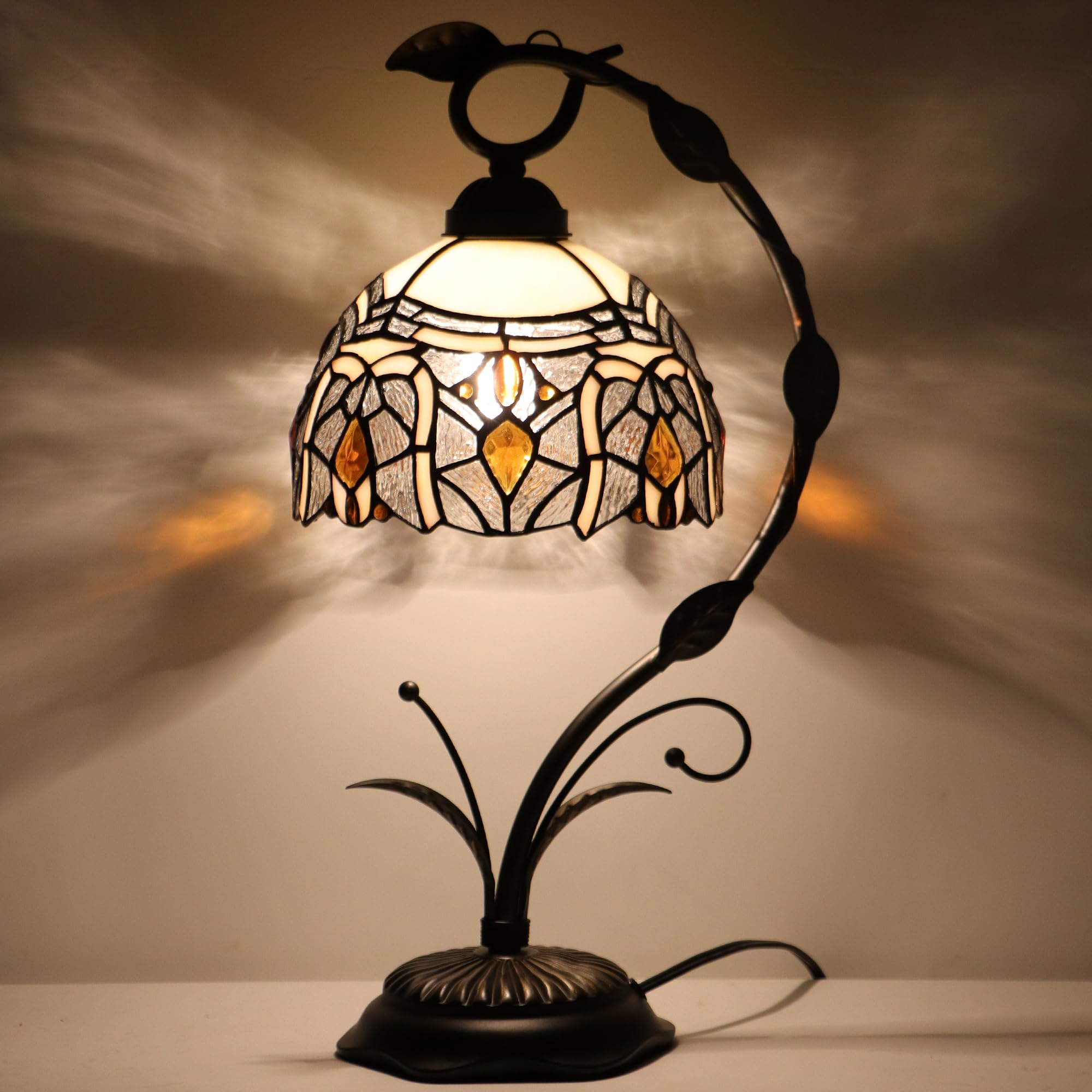 HZYFFYU Tiffany Lamp Stained Glass Table Lamp Metal Leaf Base 8X10X19 Inch Reading Desk Light (Crystal Style)
