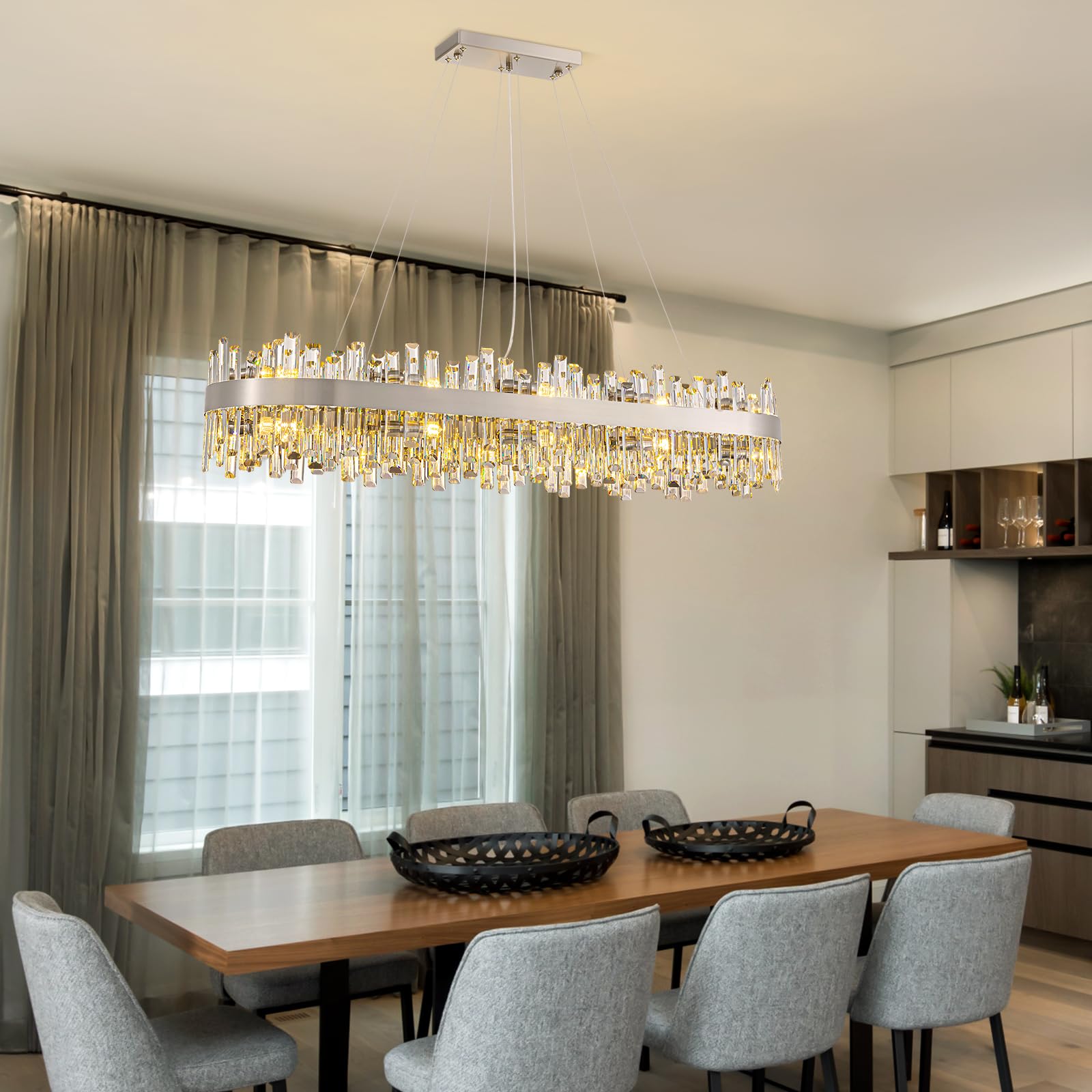 Siljoy 20-Light Modern Crystal Chandelier, Luxury Large Nickel 2-Tiers K9 Crystal Raindrop Ceiling Light, Rectangular Flush Moun