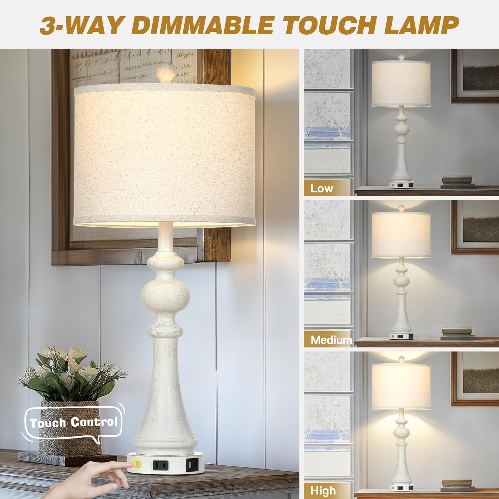 28'' Farmhouse Lamps Set Of 2, Vintage 3-Way Dimmable Touch Control Table Lamps With Usb A+C Fast Ports & Ac Outlets, Rustic Tra