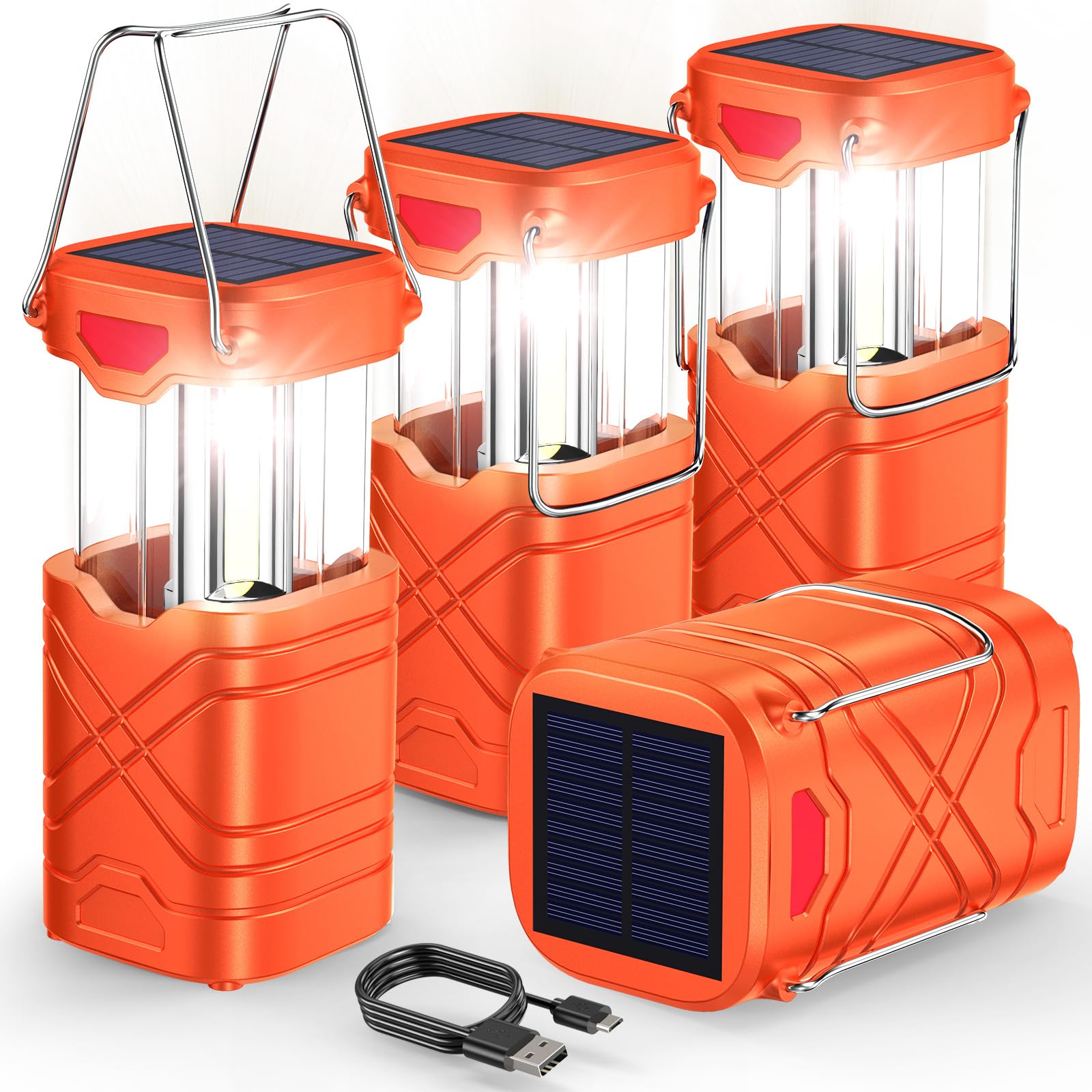 LETMY Camping Lanterns 4 Pack, Rechargeable LED, Solar Battery Powered, Safety Orange, ABS, Model: electric-camping-lanterns