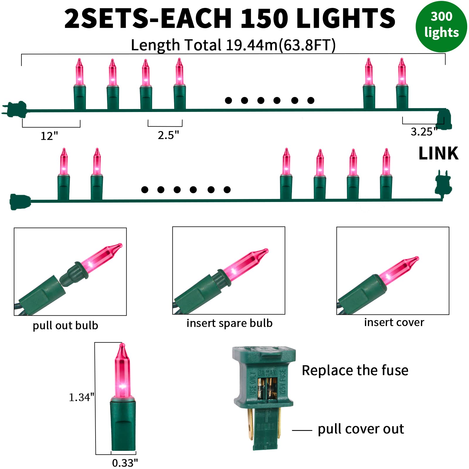 Twinglehome Ultra-Bright Connects End To End Pink Christmas Mini Light 300L 63.8Ft(2Sets-Each 150L)Ul Listed Incandescent Bulb S