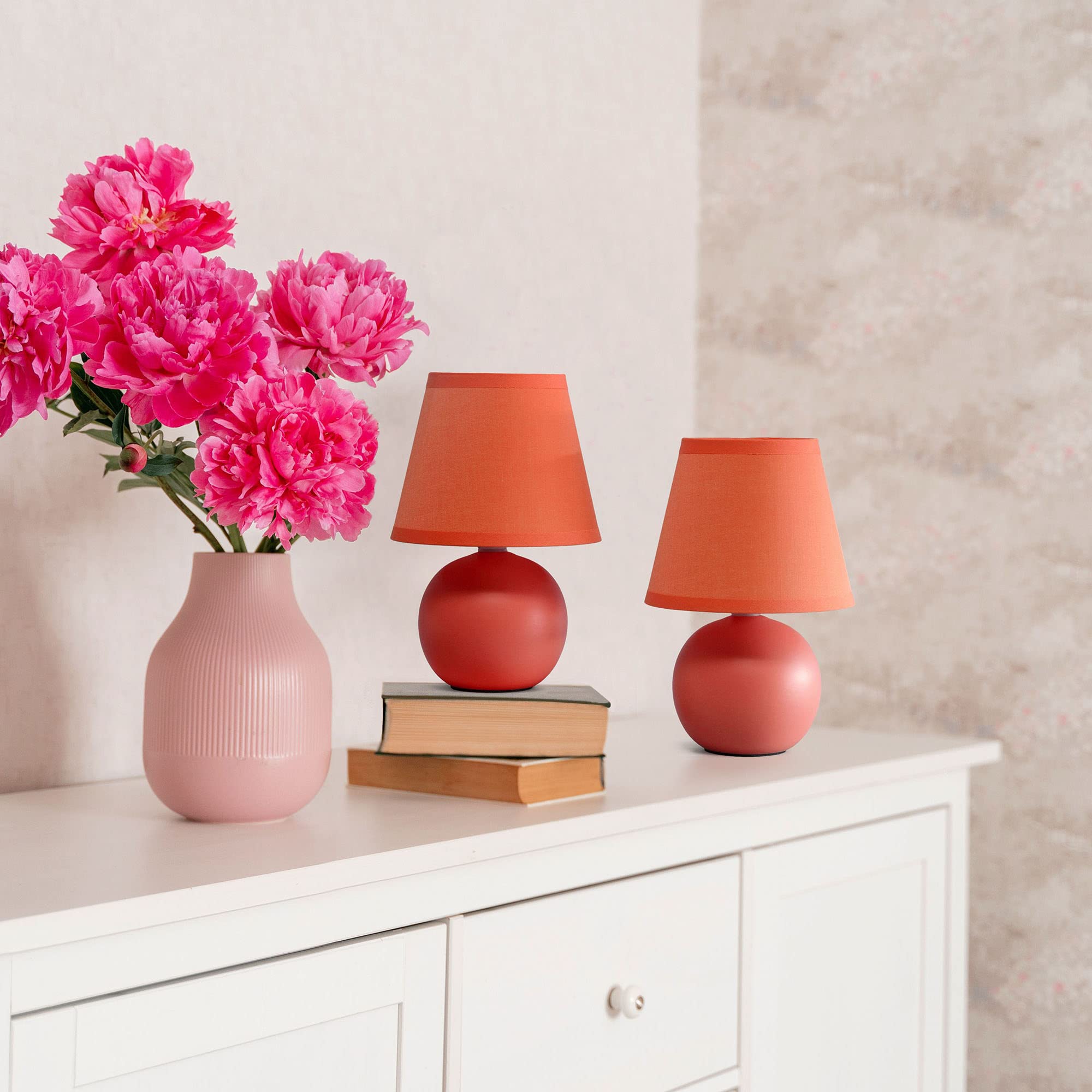 Creekwood Home 8.66&quot; Orange Ceramic Orb Base Table Lamp Set With Drum Shade - 2 Pack