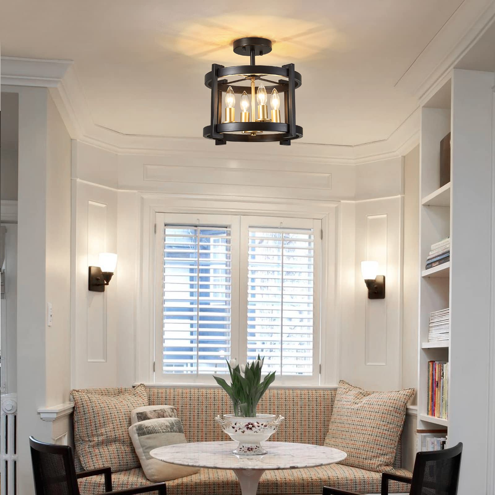 Meixisue 4-Light Semi Ceiling Light Flush Mount Bk+Gd Farmhouse Rustic Vintage Antique Ceiling Light Fixture For Hallway Entrywa