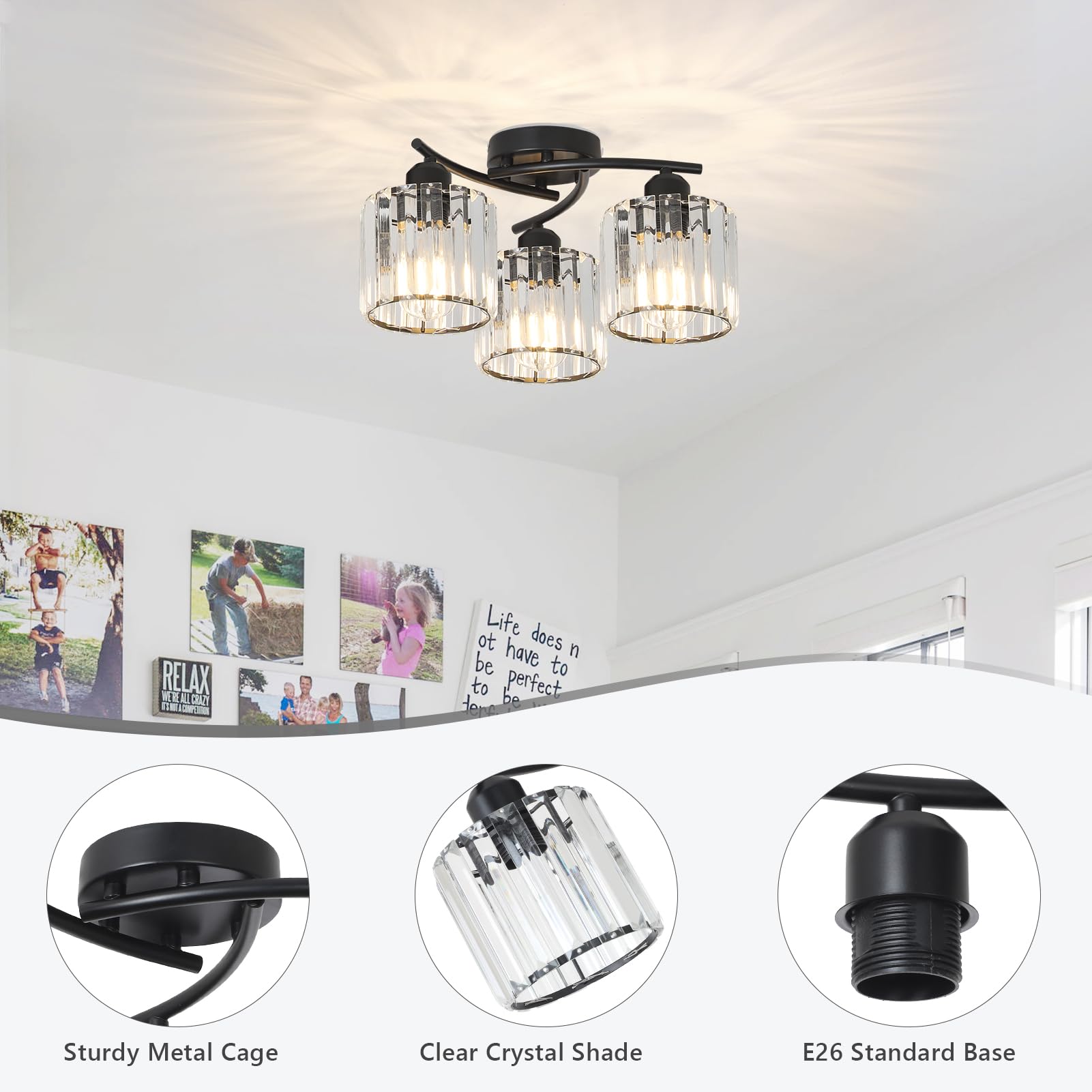 Crystal Semi Flush Mount Ceiling Light 3-Light Black Close To Ceiling Light Fixtures Kitchen Light Fixture With Clear Crystal Shades Hallway Light Fixtures For Kitchen Entryway Bedroom Bathroom