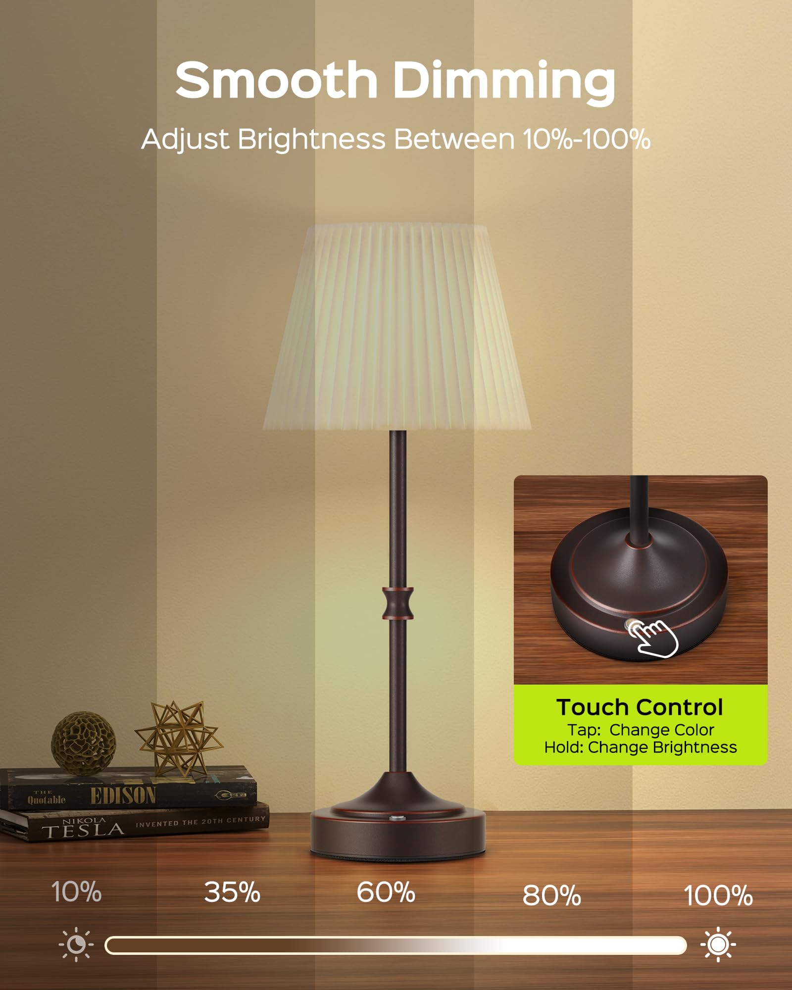 Jackyled Cordless Led Table Lamp With Dimmer, 3 Colors Touch Lamp, 5400Mah Battery Operated Rechargeable, Wireless Lamp For Bedr