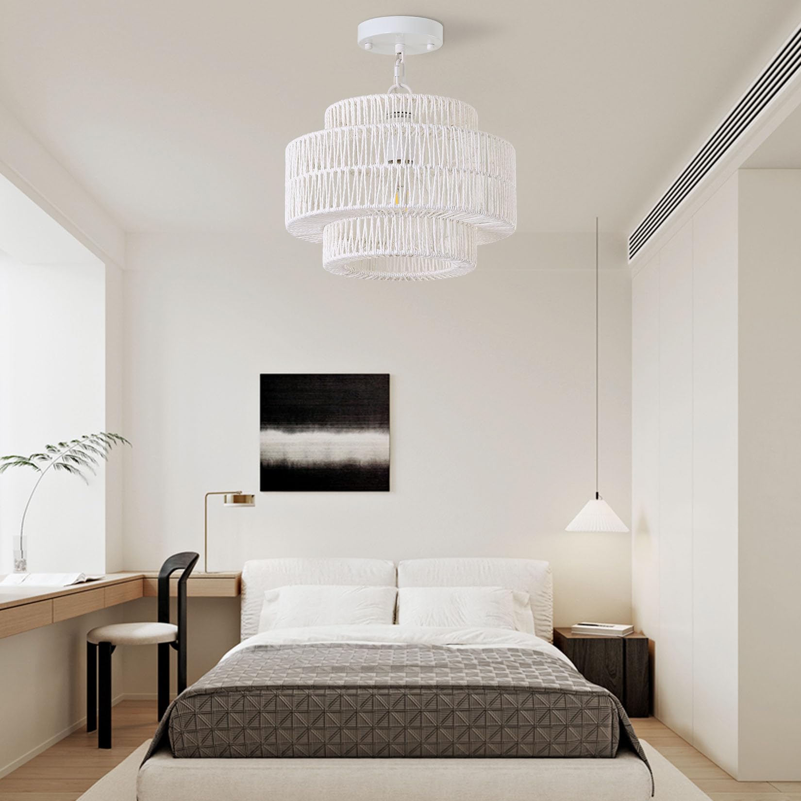 Giutna 12.4'' Large Boho Rattan Farmhouse Chandeliers For Dining Room, Rattan Hand-Woven Rustic Drum Chandelier Pendant Light Fi