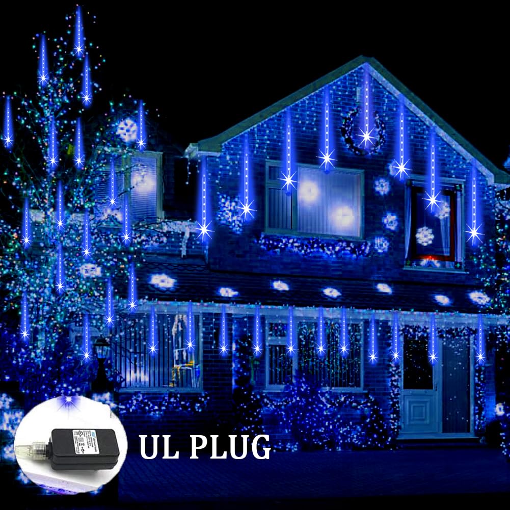 Weepong 12Inch Blue Meteor Shower Lights - UL Certified Cascading String Lights for Outdoor Christmas Tree & Garden Decor, 8 Tubes