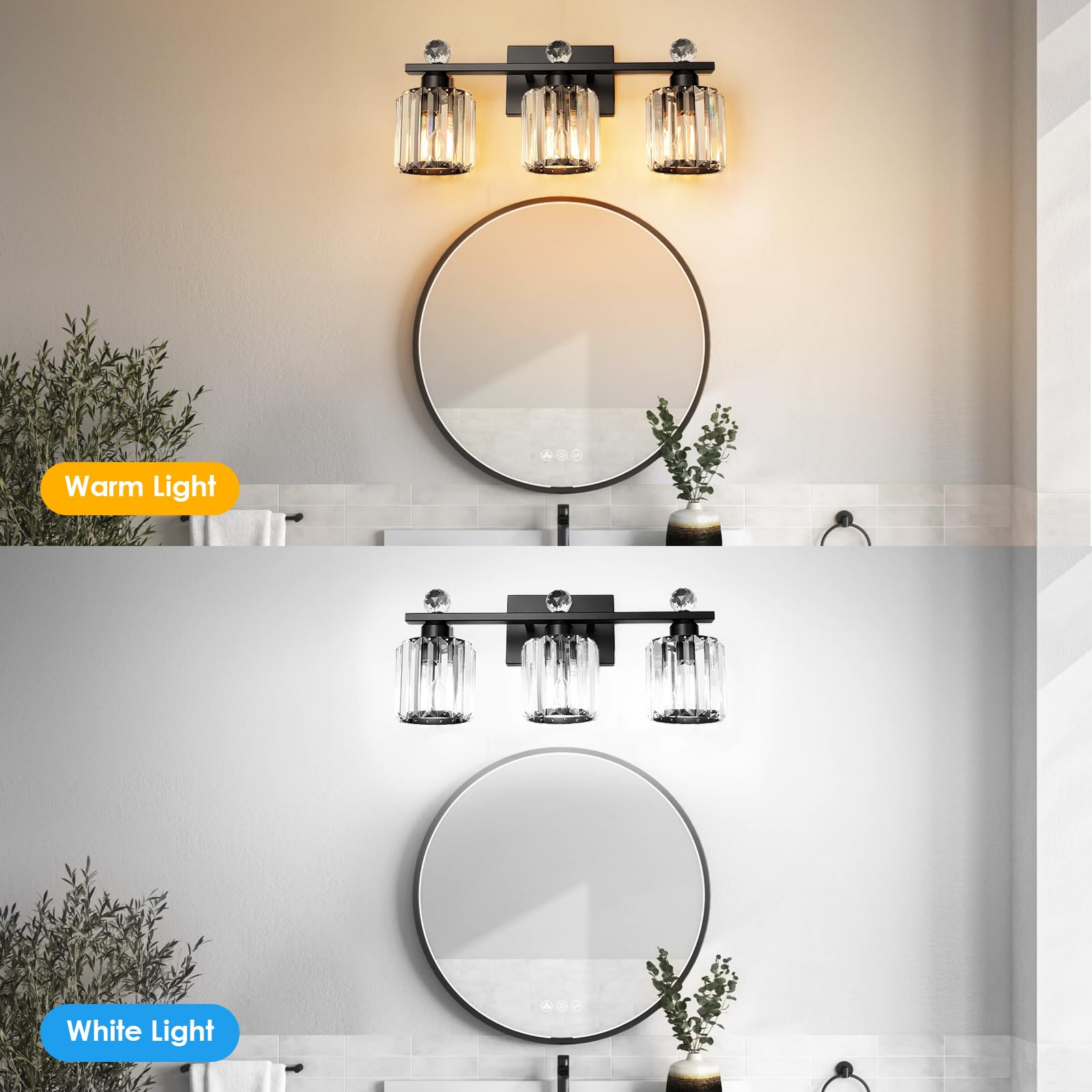 KunruiTAI 3-Light Black Modern K9 Crystal Vanity Lights, Stainless Steel Bathroom Fixture