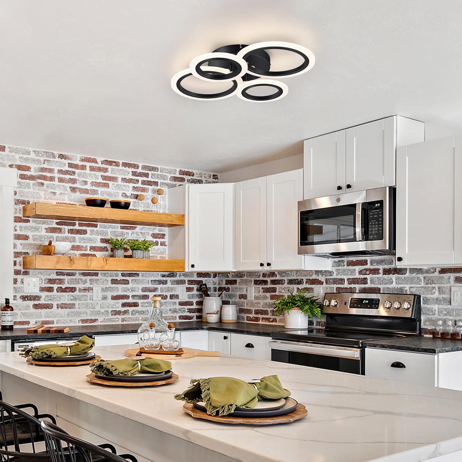 Teminbu Modern Led Ceiling Light, Black 4 Rings Flush Mount Ceiling Light, 4000K Lighting Fixture Ceiling Lamp For Kitchen, Bedroom, Living Room, Laundry Room