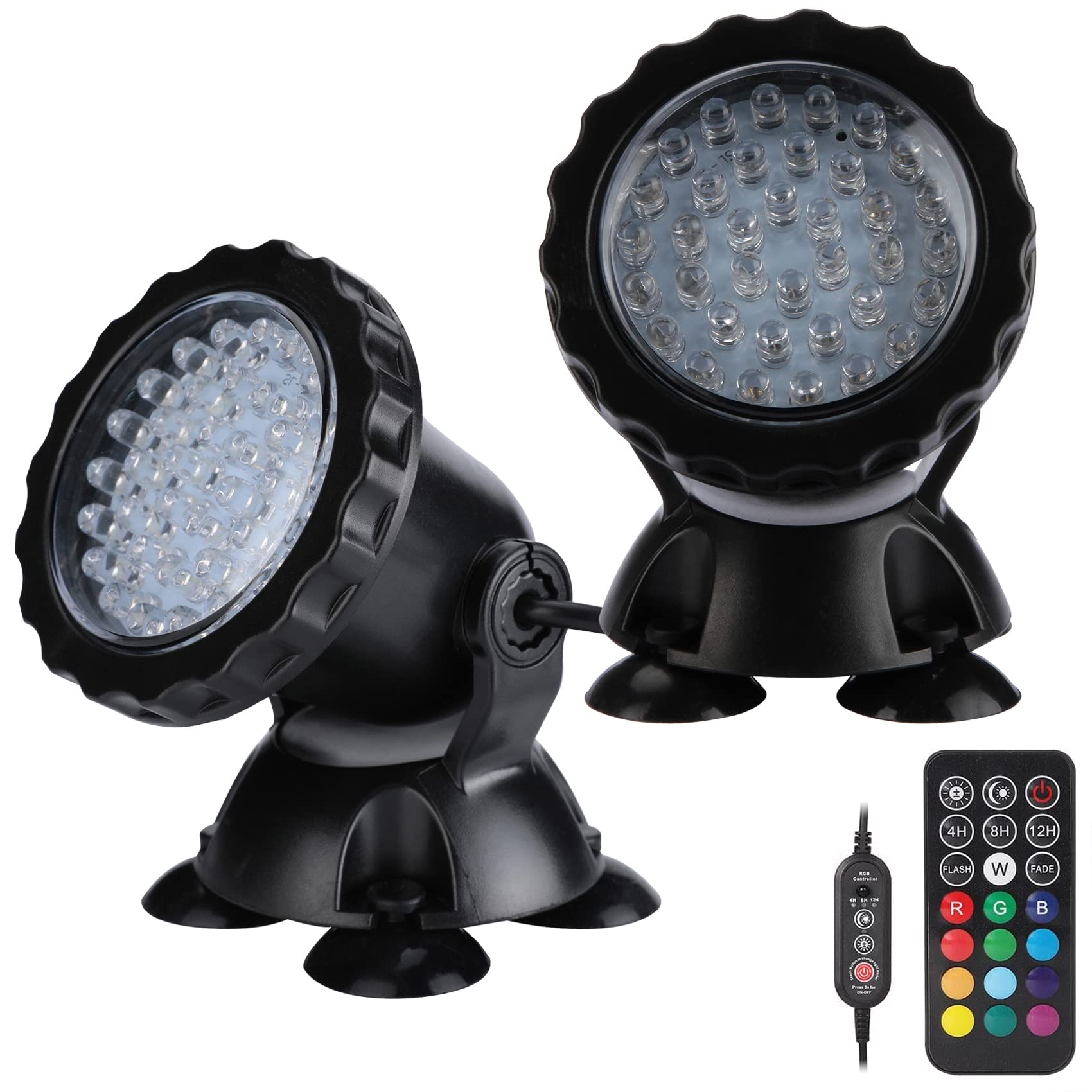 ZHGSERVU Pond Light - 36 LED Color Changing Submersible Spotlight, Set of 2 with Timer Remote, Plastic Material
