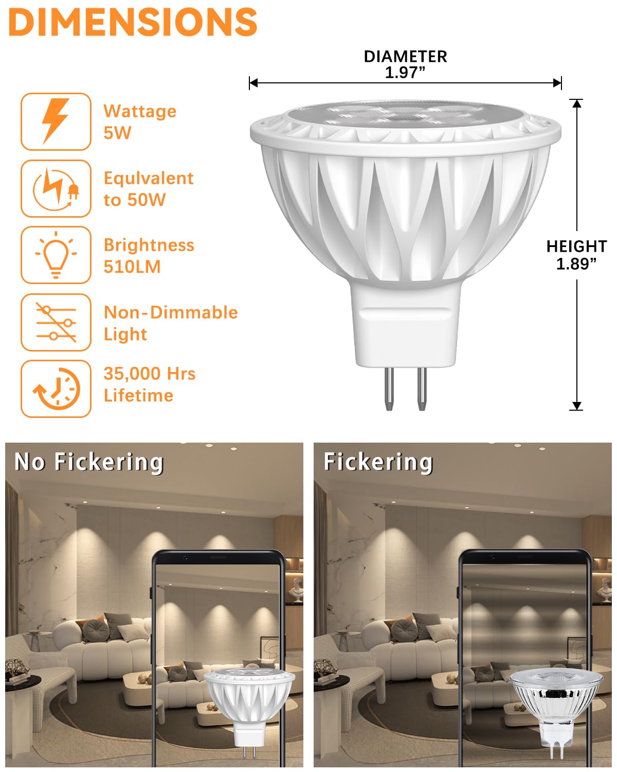 Gohdlamp Mr16 Led Bulbs 50W Halogen Equivalent Landscape Light Bulbs, 2700K Warm White 5W Gu5.3 Mr16 12V Spotlight Bulb, Non-Dim