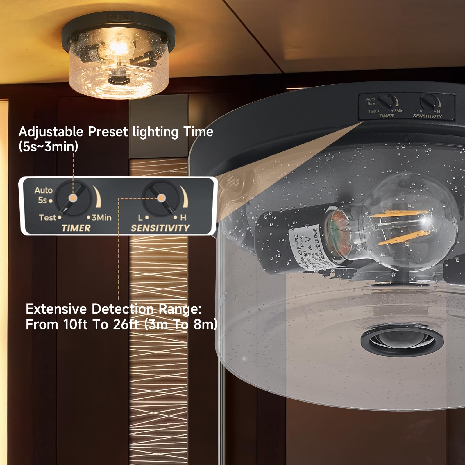 Yisuro Modern Dark-Round LED Outdoor Ceiling Light Fixture, 3 Modes, Motion Sensor, Porch, Garage, 1 Inch (Compact)