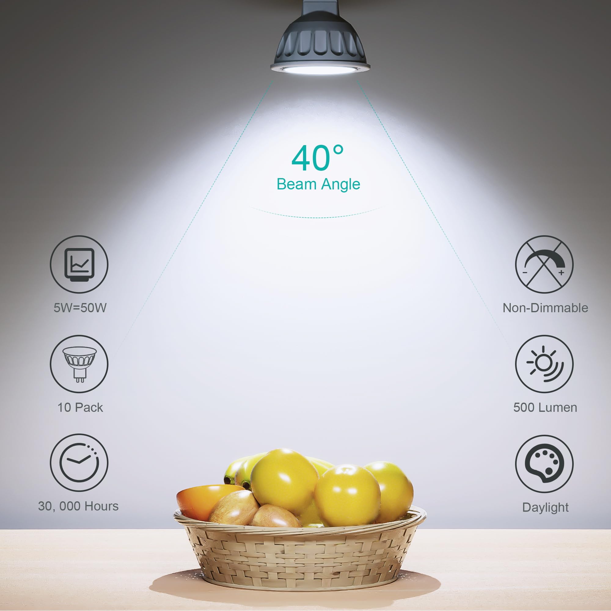 Alexpex Mr16 Led Bulbs 10 Pack, 5000K Daylight 500Lm Lights (50W Equivalent), Non-Dimmable 40-Degree Ac/Dc 12V Gu5.3 Bi-Pin Base