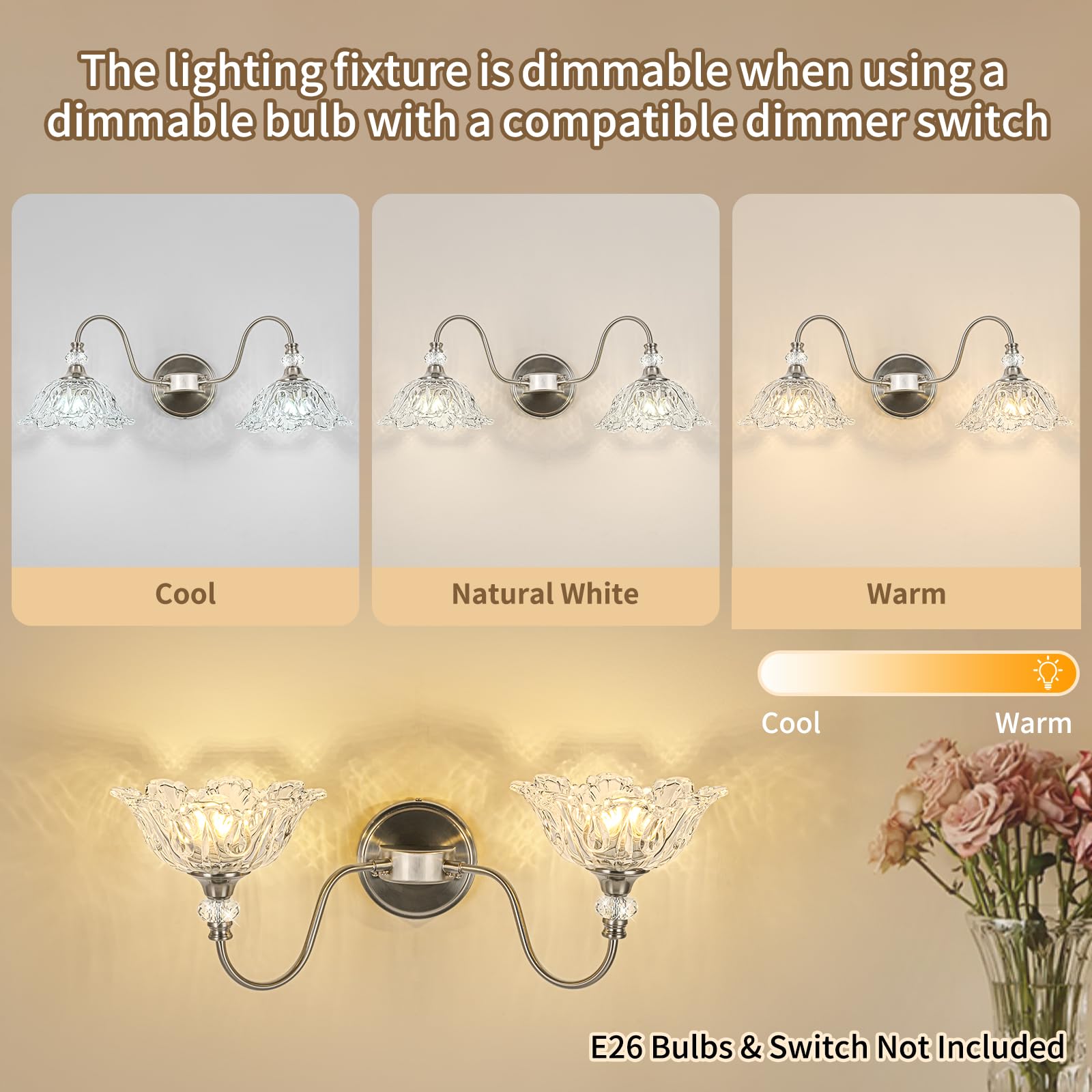 Sunkryster 2-Light Brushed Nickel Bathroom Vanity Light with Floral Glass Shades, Model Sun-104AB-2-Nickel