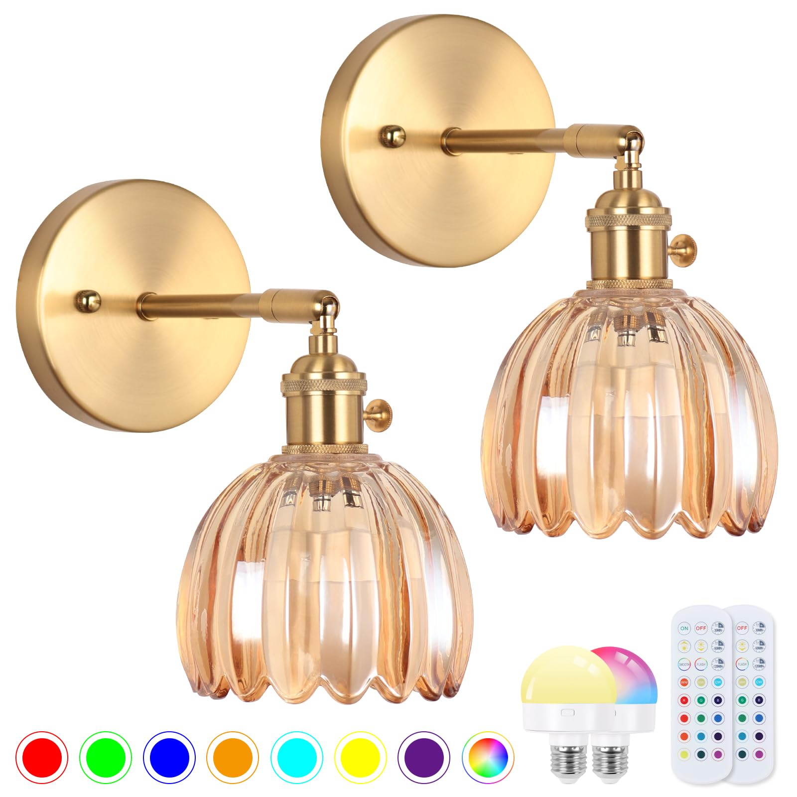 EIDEARAY Vintage Wall Sconce Set of Two, Battery Operated, Amber Tulip Glass, Rechargeable with Remote Control, Model YLC-BRO3TB