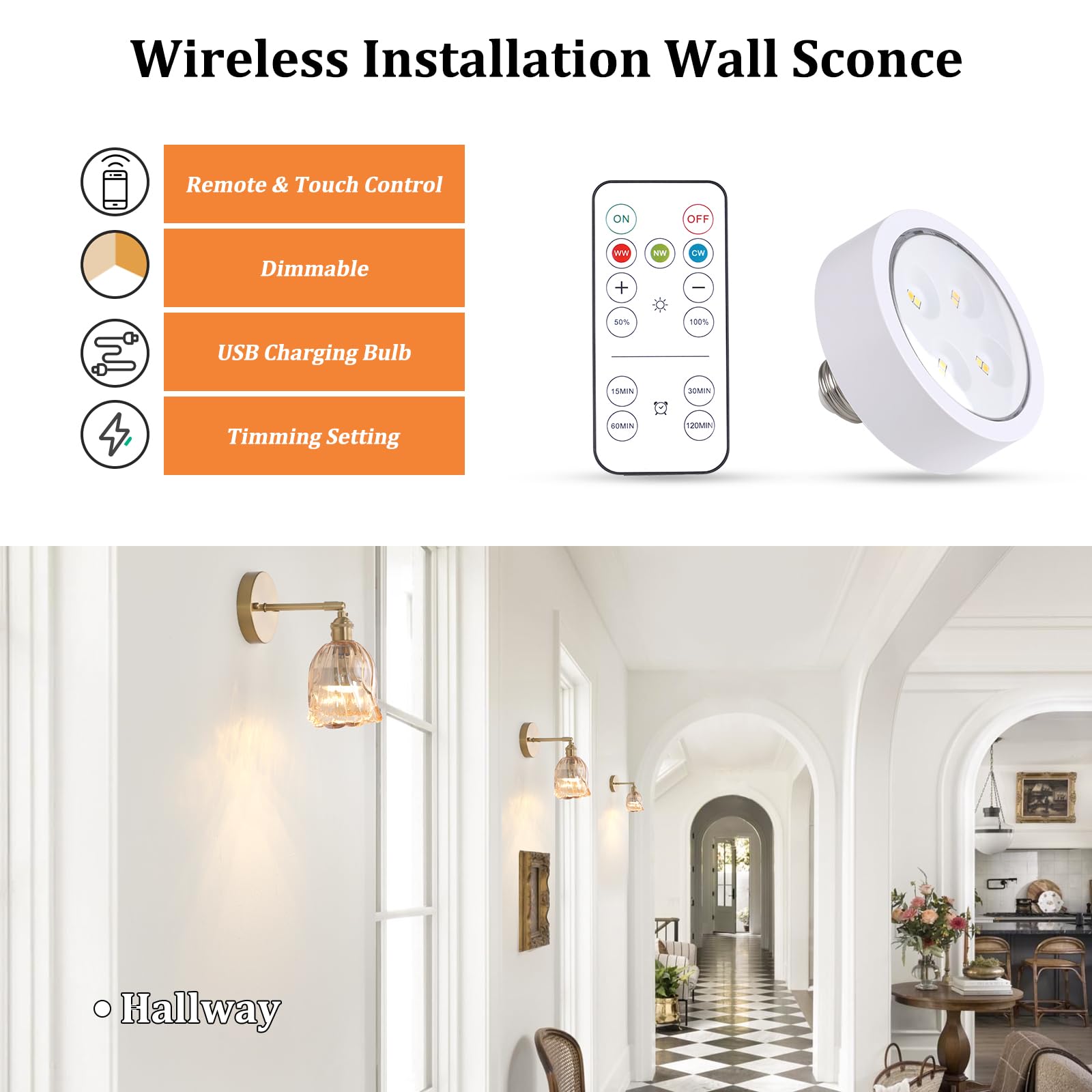 Shenmoyl Vintage Battery Operated Wall Sconce, Rechargeable LED Light, Wireless Dimmable, Amber Lily, Model 1-94911-sconc