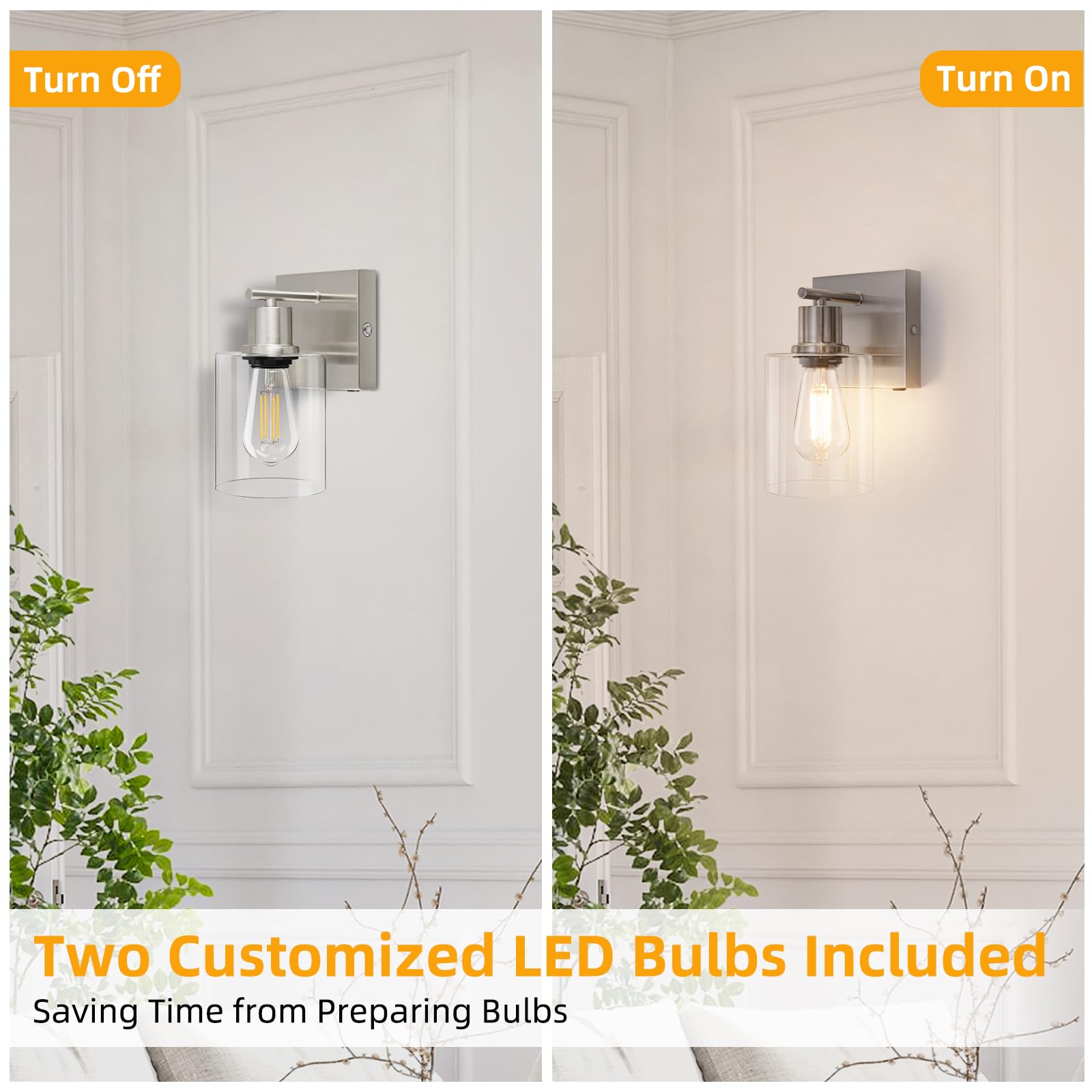 Battery Operated Wall Sconce Set Of 2, Modern Brushed Nickel Wireless Rechargeable Wall Mounted Lamp With Bulbs, Dimmable Indoor