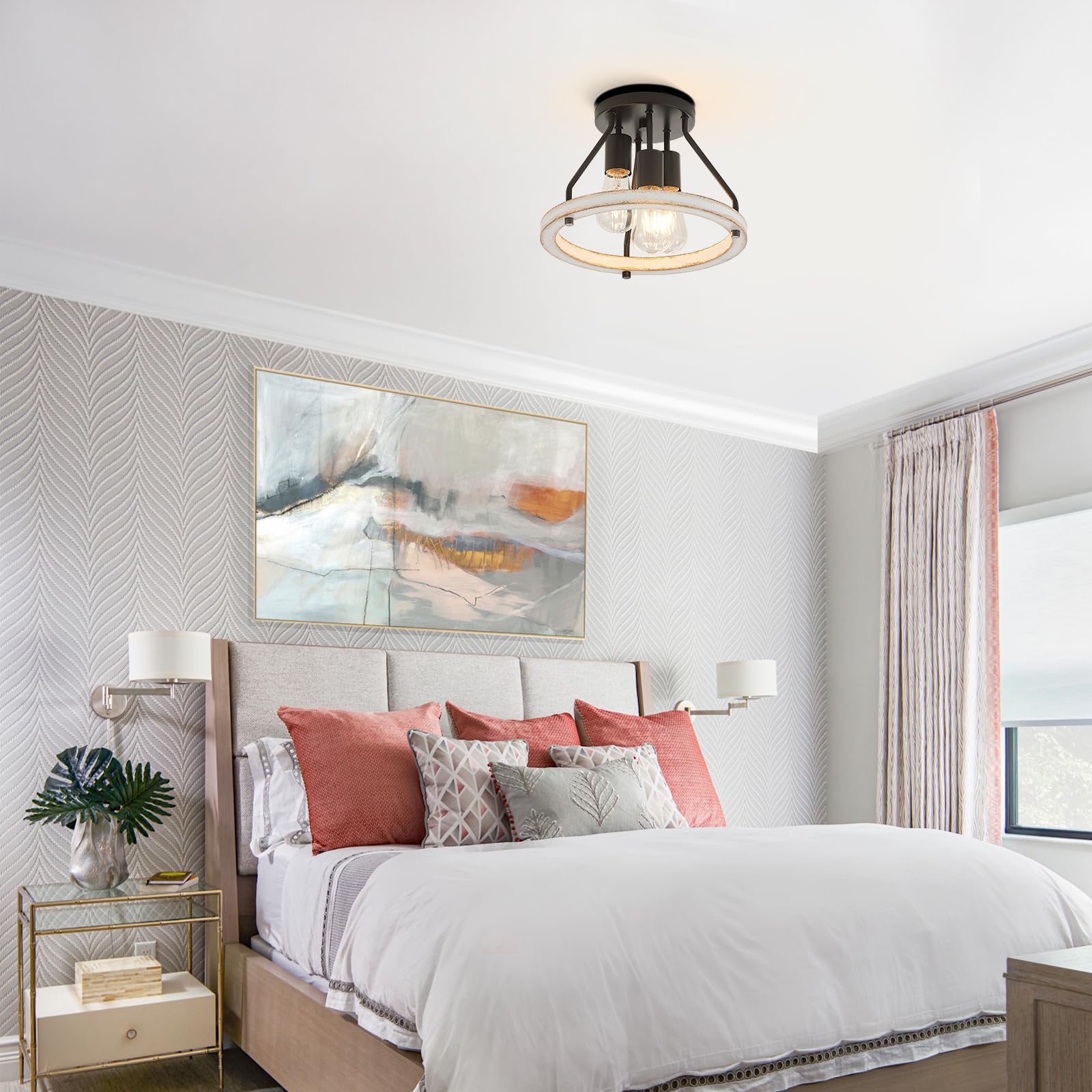 Rustic Flush Mount Ceiling Light Fixture With Oak White Wood Circle Shade Farmhouse Mini Semi Ceiling Lamps For Hallway Entryway