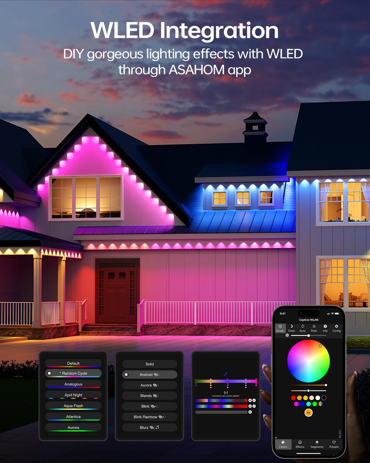 ASAHOM S108D 200FT Permanent Outdoor Lights, 144 RGBCW LED, IP67 Waterproof, Black