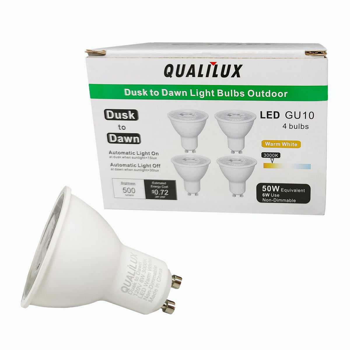 Qualilux Mr16 Gu10 Dusk To Dawn Light Bulbs, Warm White 3000K, 50W Equivalent, 500Lm, Auto On/Off Light Sensor Bulb, Non-Dimmabl