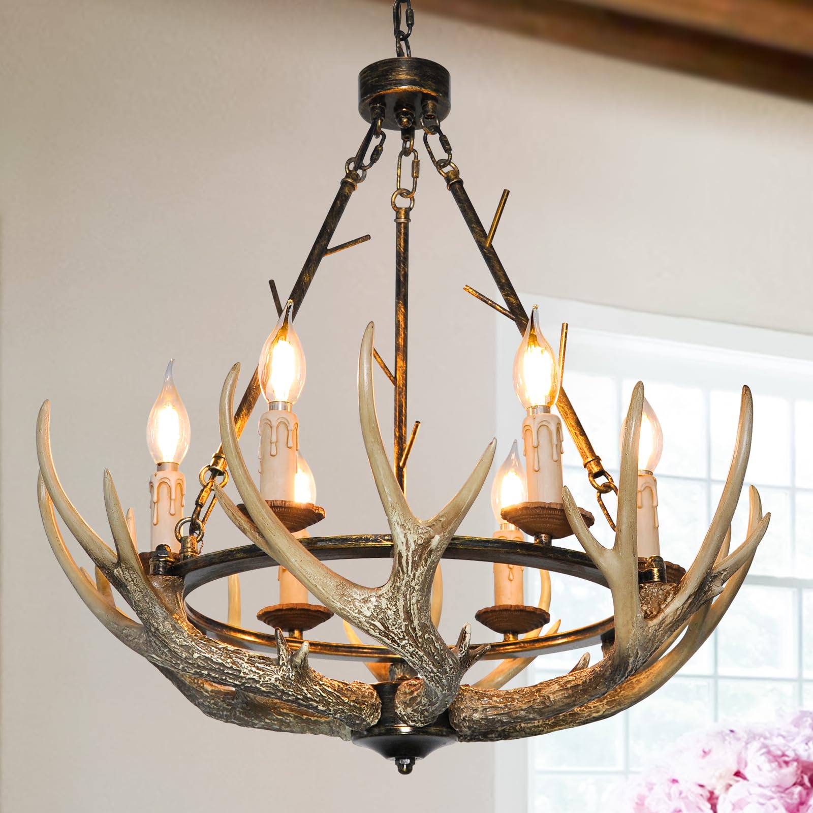 Rustic Antler Chandelier 6 Lights for Dining Room  Deer Farmhouse Chandeliers with Resin 6 Antlers and Wagon Wheel Frame Vintage Style Antler Light Fixtures for Living Room Kitchen Foyer