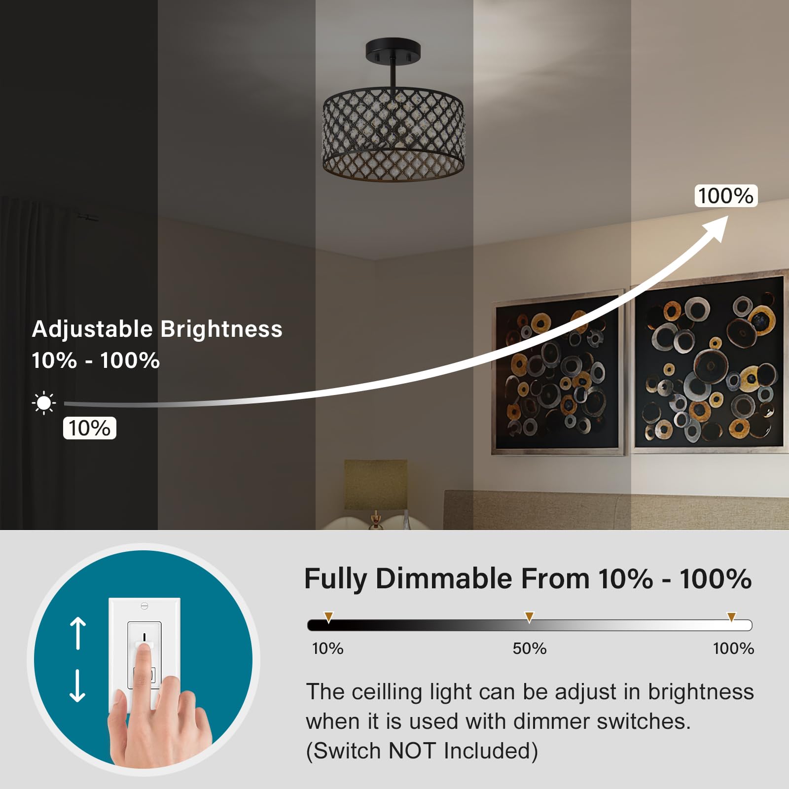 BZVESR Black Crystal Ceiling Light Fixture, Modern Semi Flush Mount, 3 Light, 12 inch, for Dining Room, Hallway, Kitchen, Bedroom