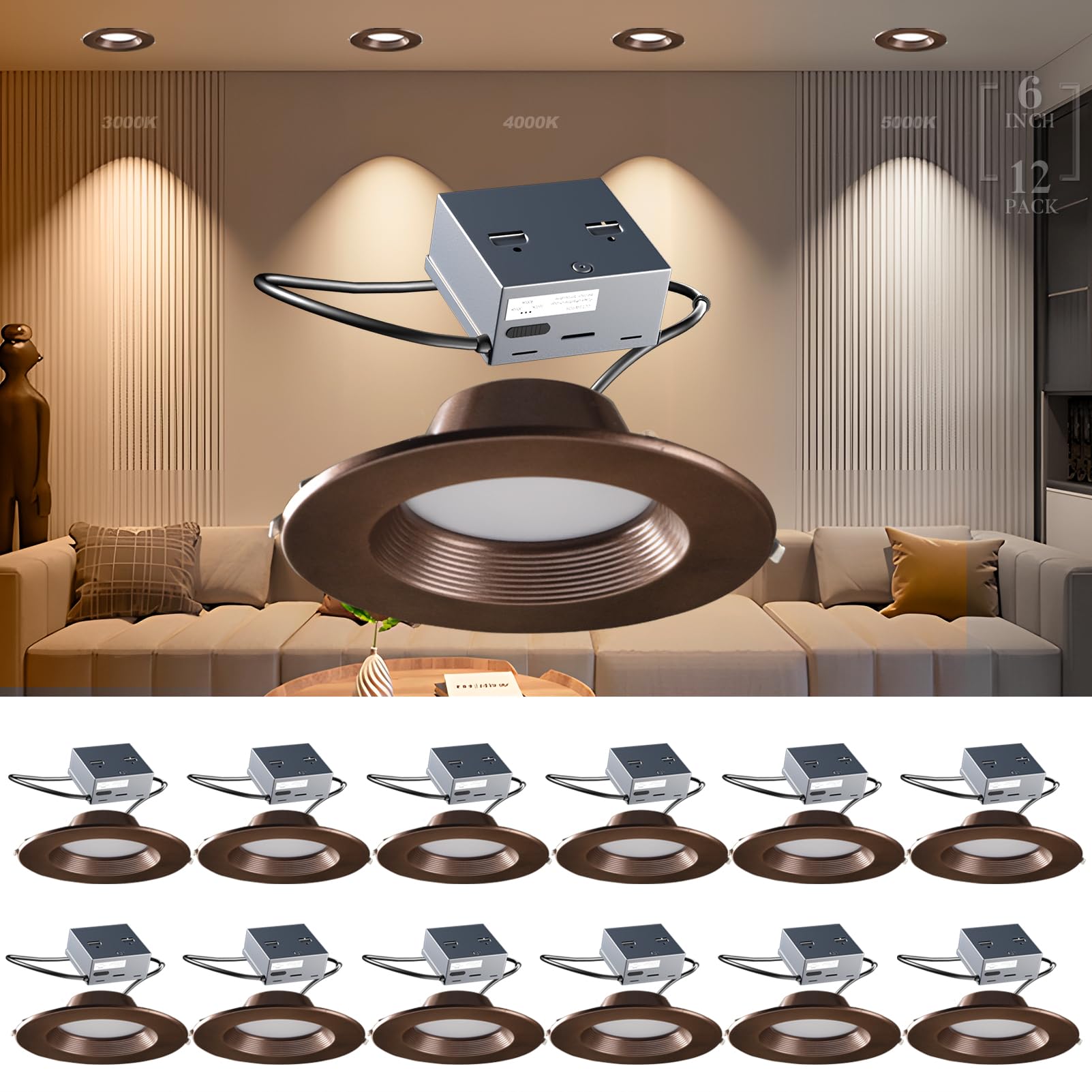 Lightdot Downlight, Downlight With Baffle Trim, Led Downlight 6 Inch Recessed Lighting,3000K/4000K/5000K Led Recessed Light Dimmable Ceiling Light Fixture Ic Rated-12 Pack