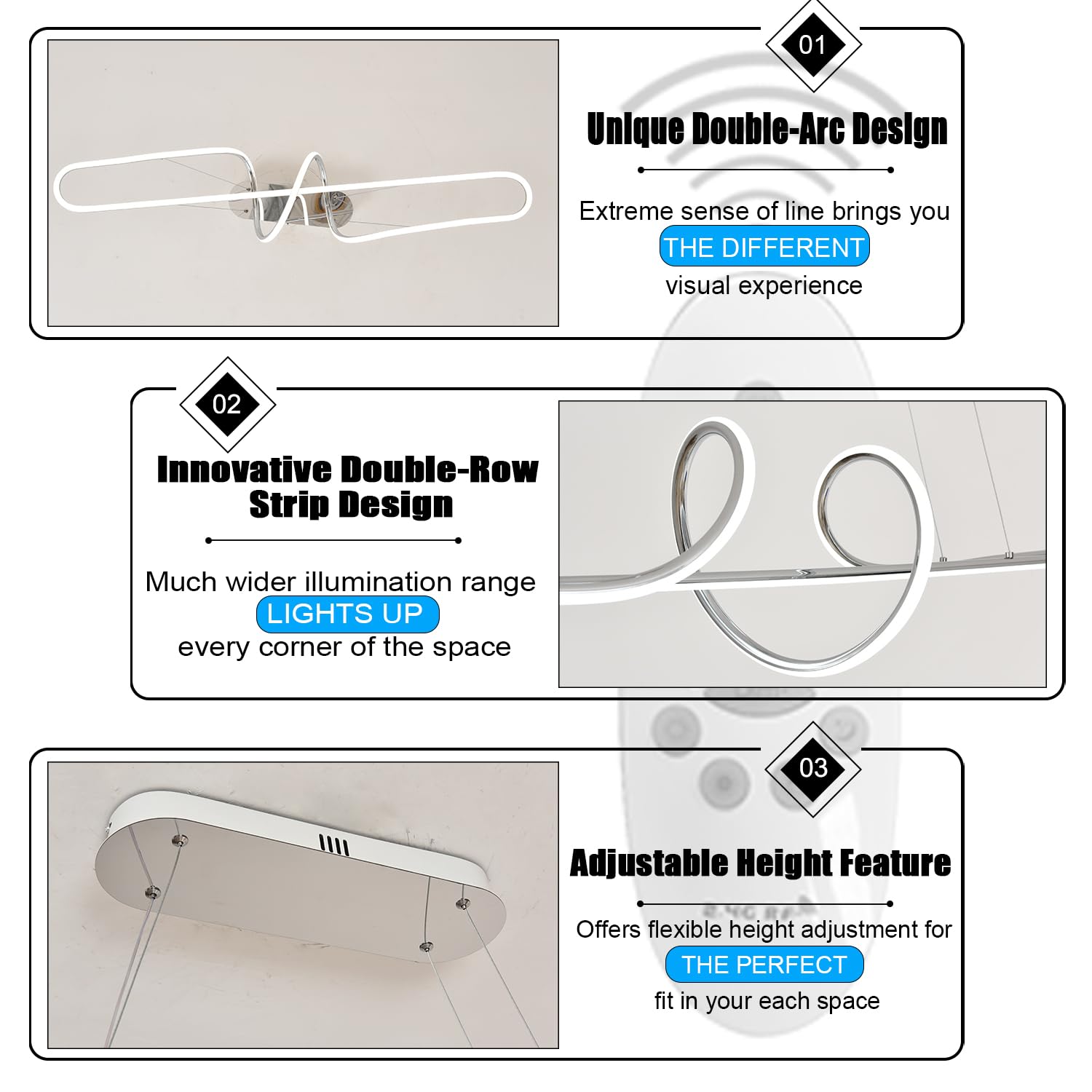 EMBRING Modern Dimmable LED Chandelier, Electroplated Chrome, Aluminum, 39.4in - Model SW005-SPGD-wt-110 for Dining Room and Kitchen Island.