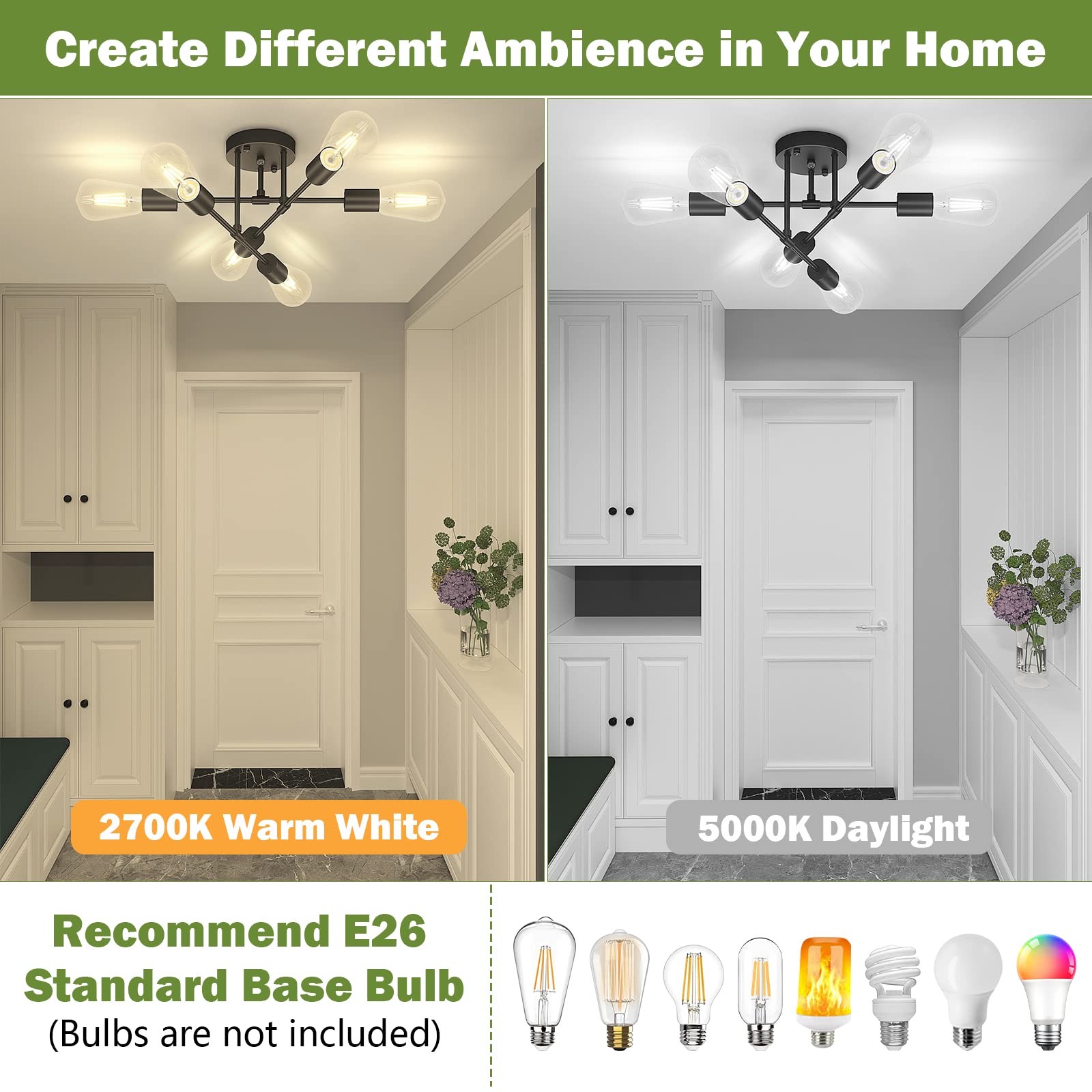 Asnxcju Modern Semi Flush Mount Ceiling Light, 6-Lights, Black Metal Sputnik Chandelier for Dining Room, UL Listed