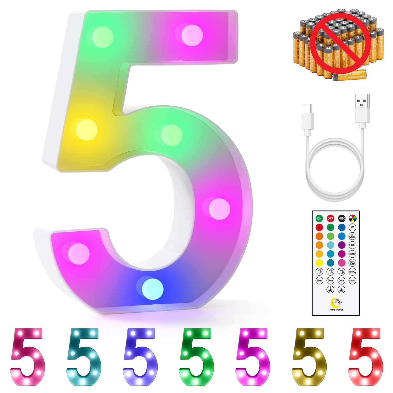 mooncow Rechargeable Light Up Letters,Colorful Marquee Letters with Remote,Gift Wrap Gifts,Bedroom Home Bar Party Decor (5)
