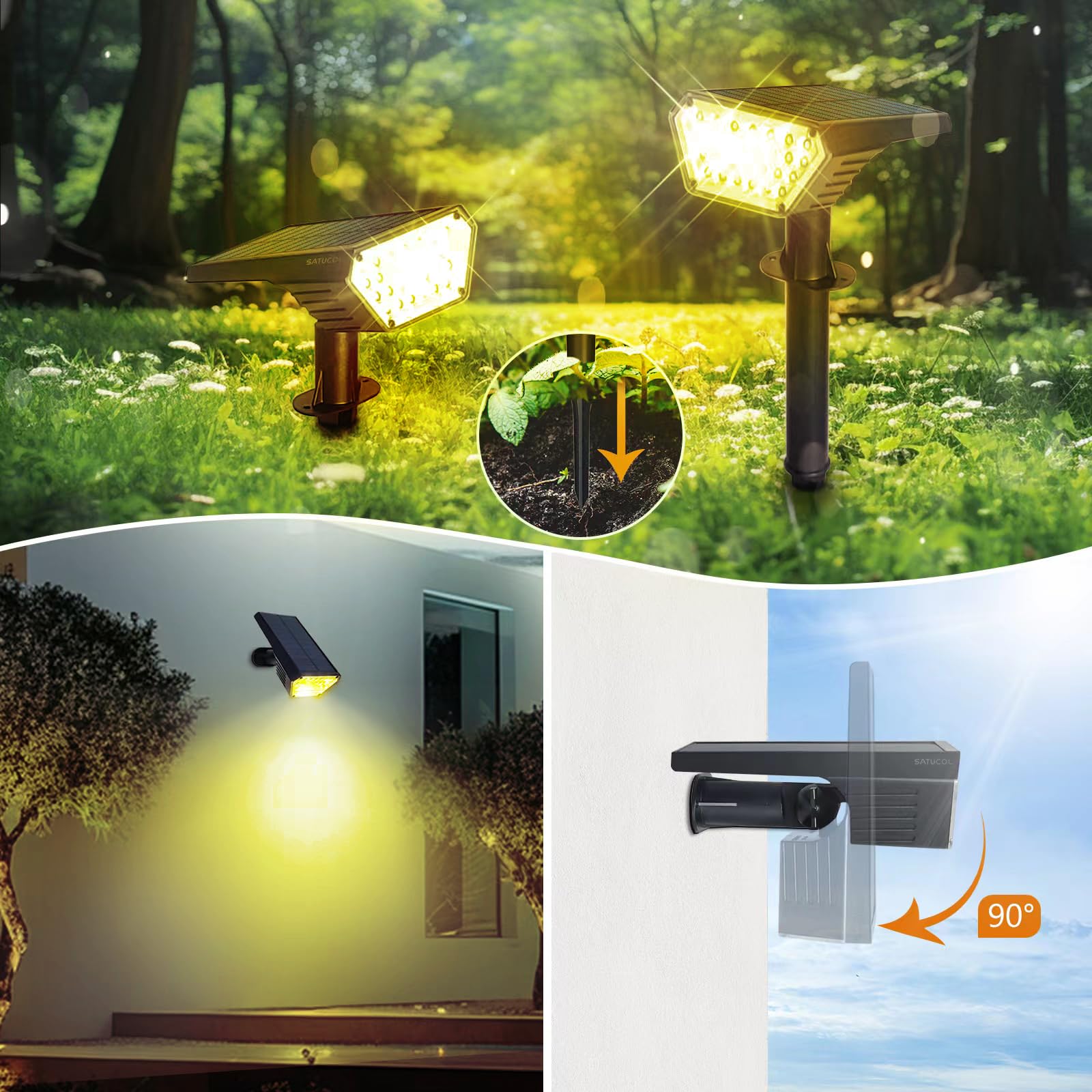 Satucol Solar Spot Lights Outdoor, Waterproof IP65, 6 Pack, Warm White, 2-in-1 Landscape Lighting, Model Satucol-A