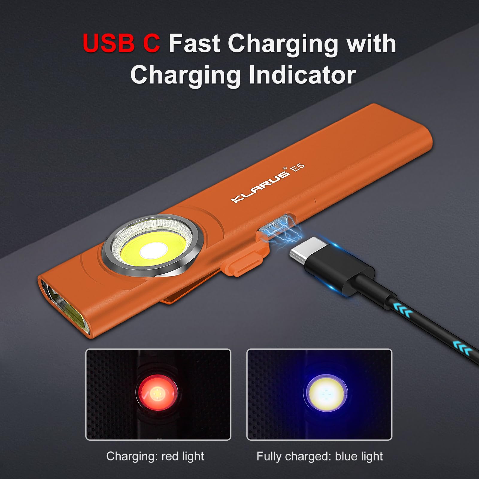 Klarus E5 Pocket Flashlight, Rechargeable, 600 Lumens, USB-C, 4.2x1x0.3in, IPX4, Metal Unibody, Orange