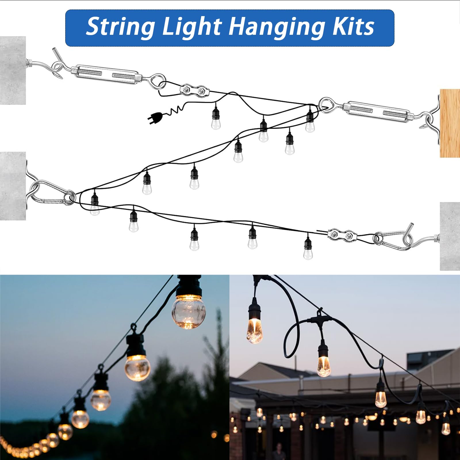 String Light Hanging Kit With 400Ft Vinyl Coated 304 Stainless Steel Wire Rope, Globe String Light Suspension Kit, Outdoor Light