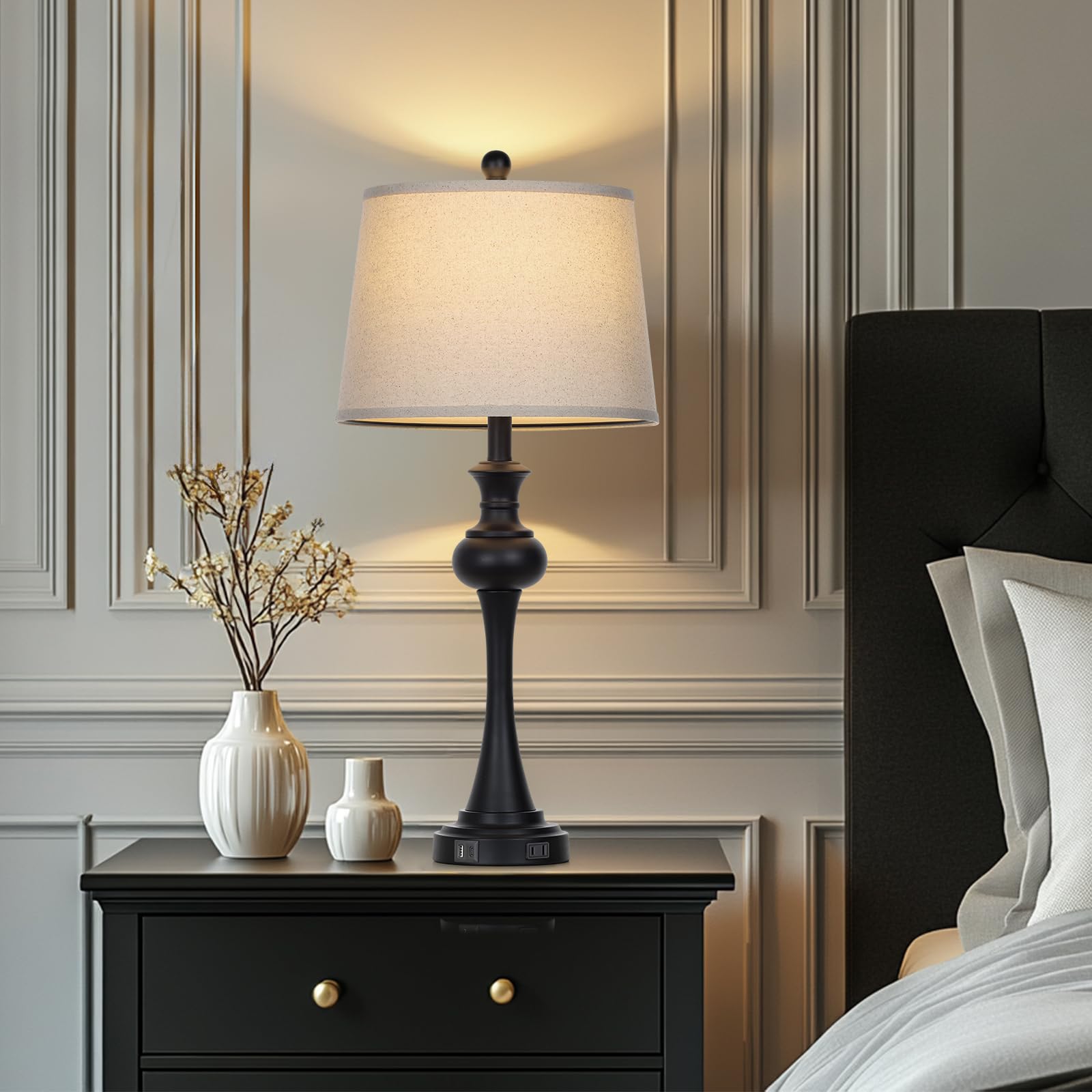 CINSARY Modern Black Metal Table Lamp with USB Ports, 28.75'' Touch Lamp for Living Room & Nightstand, Bulb Included, Model TD-CS-556-1PK