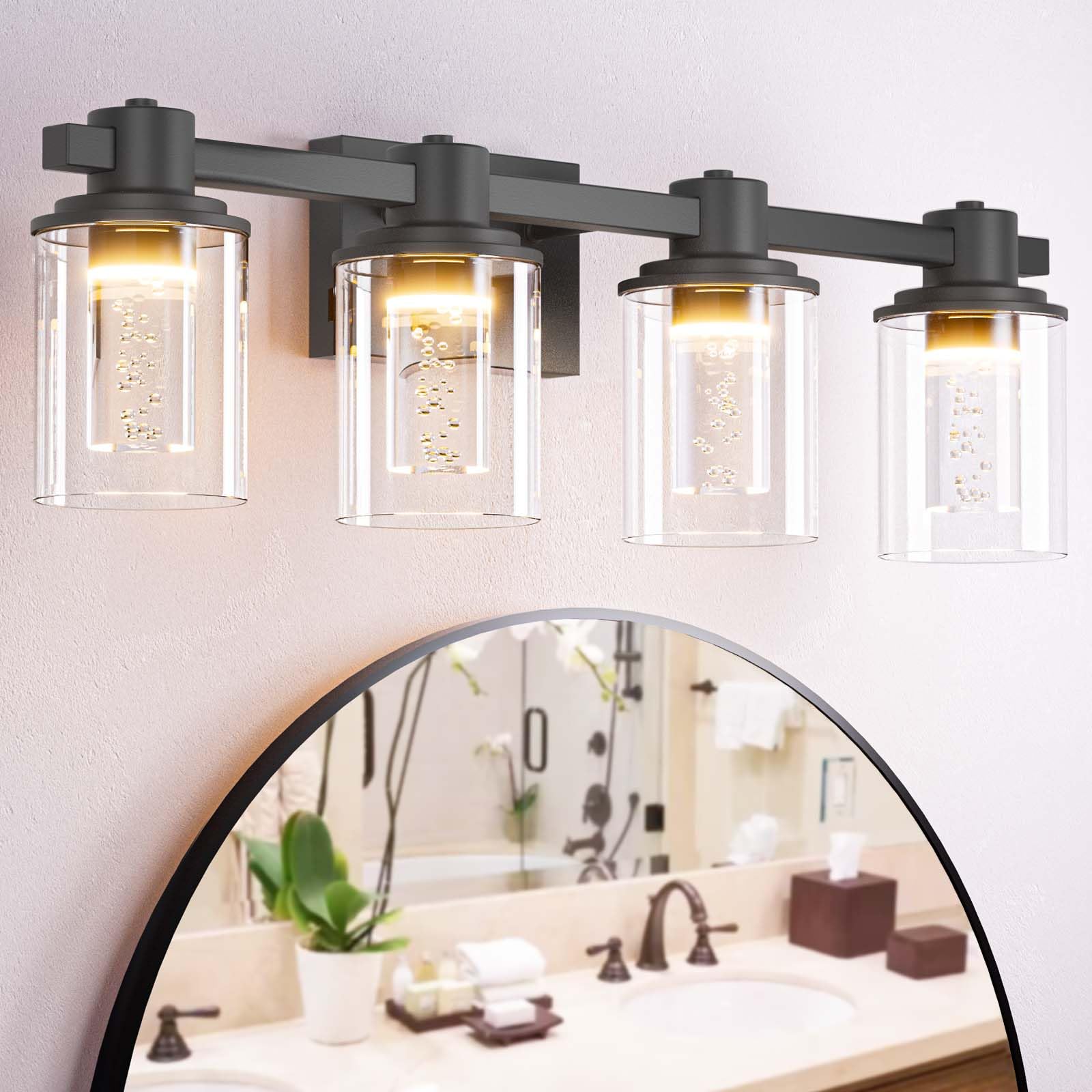 Quntis 4-Light Bathroom Light Fixture, Dimmable LED Vanity Lighting, Matte Black, 27 Inch, Model LI-HL-0003-4-HEJ, Bulbs Included