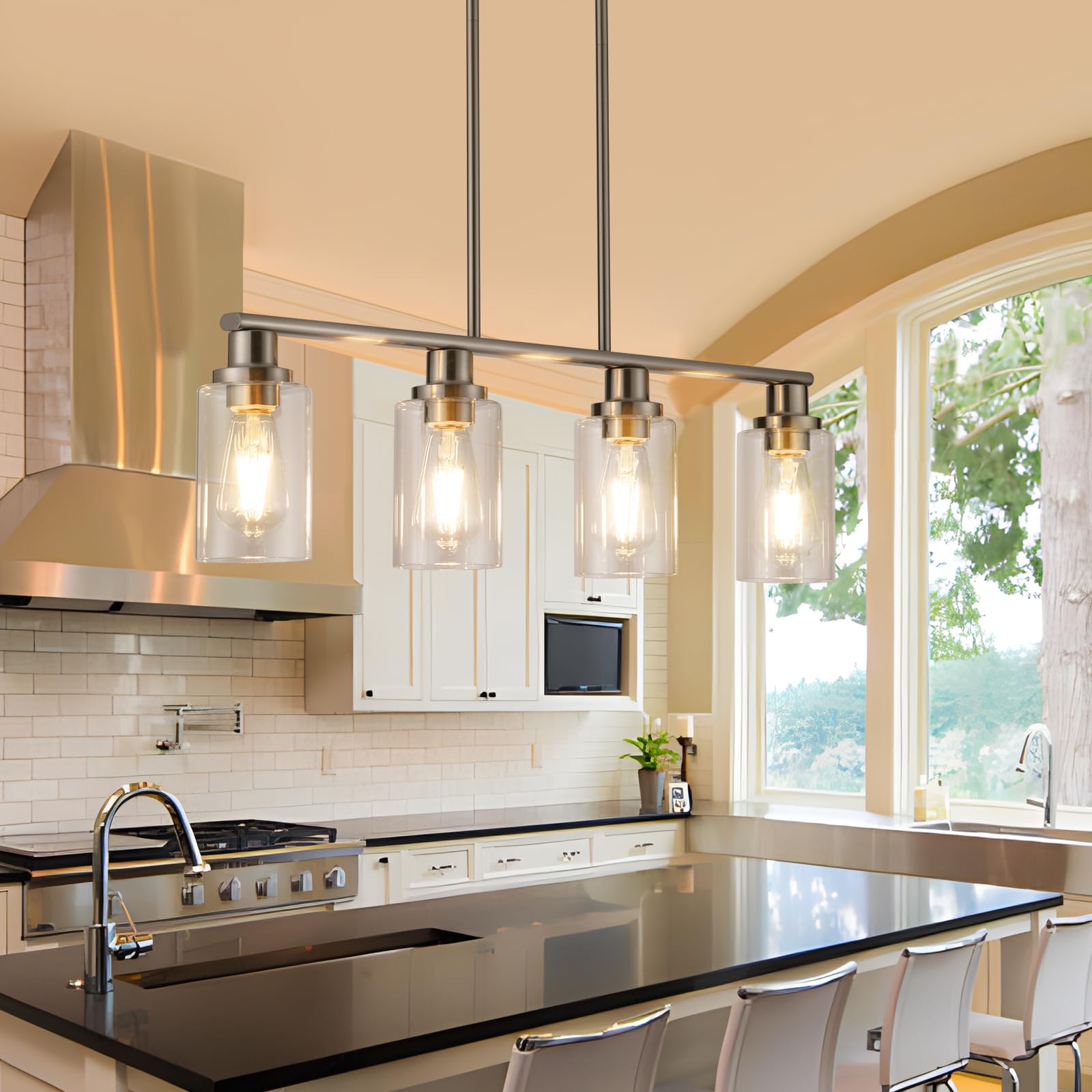 KPIOK 4-Light Kitchen Island Lighting Chandelier, Satin Brushed Nickel, Metal with Clear Glass Shade, Model BB003P-