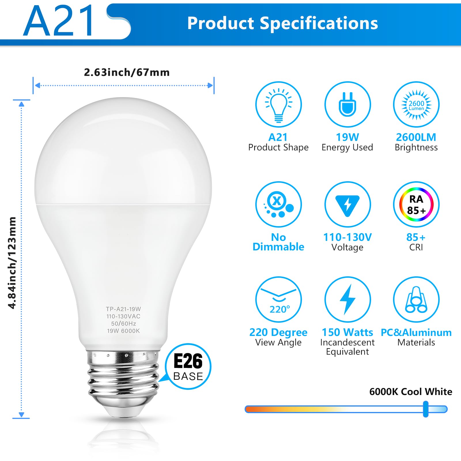 Maylaywood A21 Led Light Bulbs, 150 Watt Equivalent, Cool White 6000K, 2600Lm, E26 Base, Non-Dimmable, 19W Bright White Led Bulb